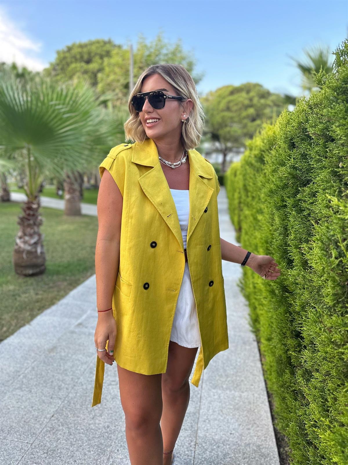 Lime Rengi Tok Keten, Kuşaklı Kruvaze Yelek