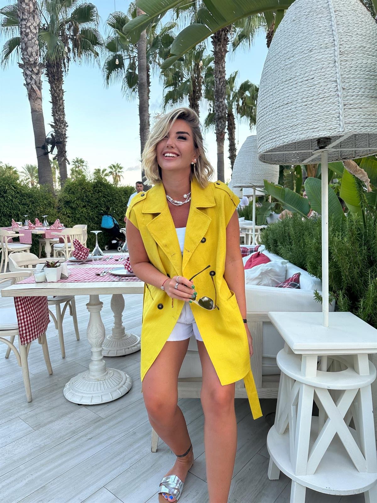 Lime Rengi Tok Keten, Kuşaklı Kruvaze Yelek