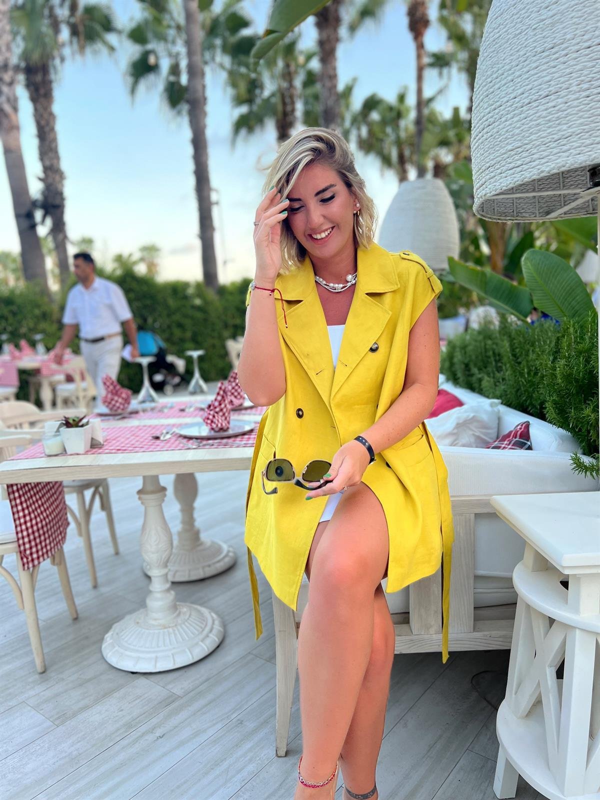 Lime Rengi Tok Keten, Kuşaklı Kruvaze Yelek