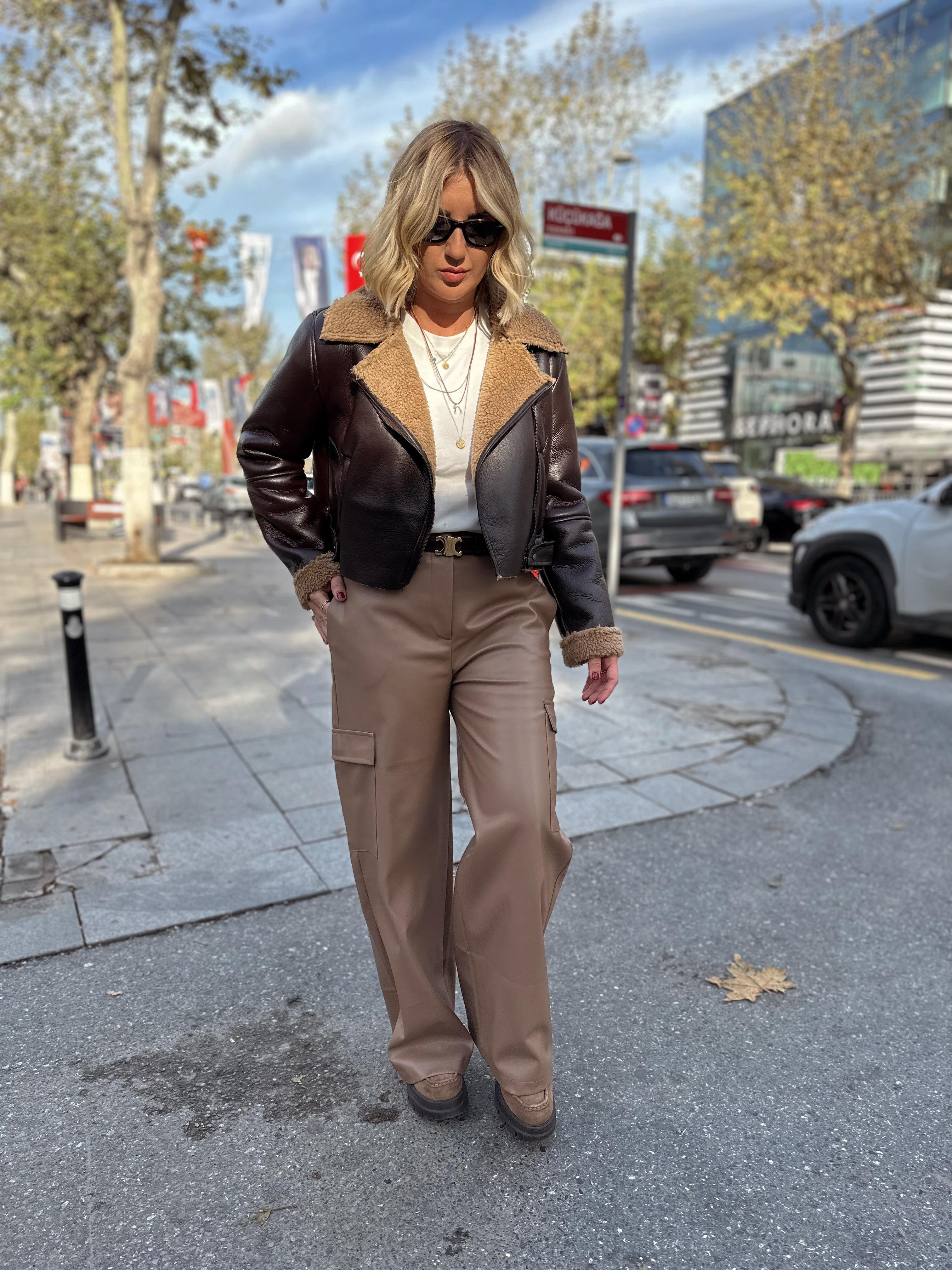 Orjinal Model Acı Kahve İçi Kürk Rugan Deri Mont