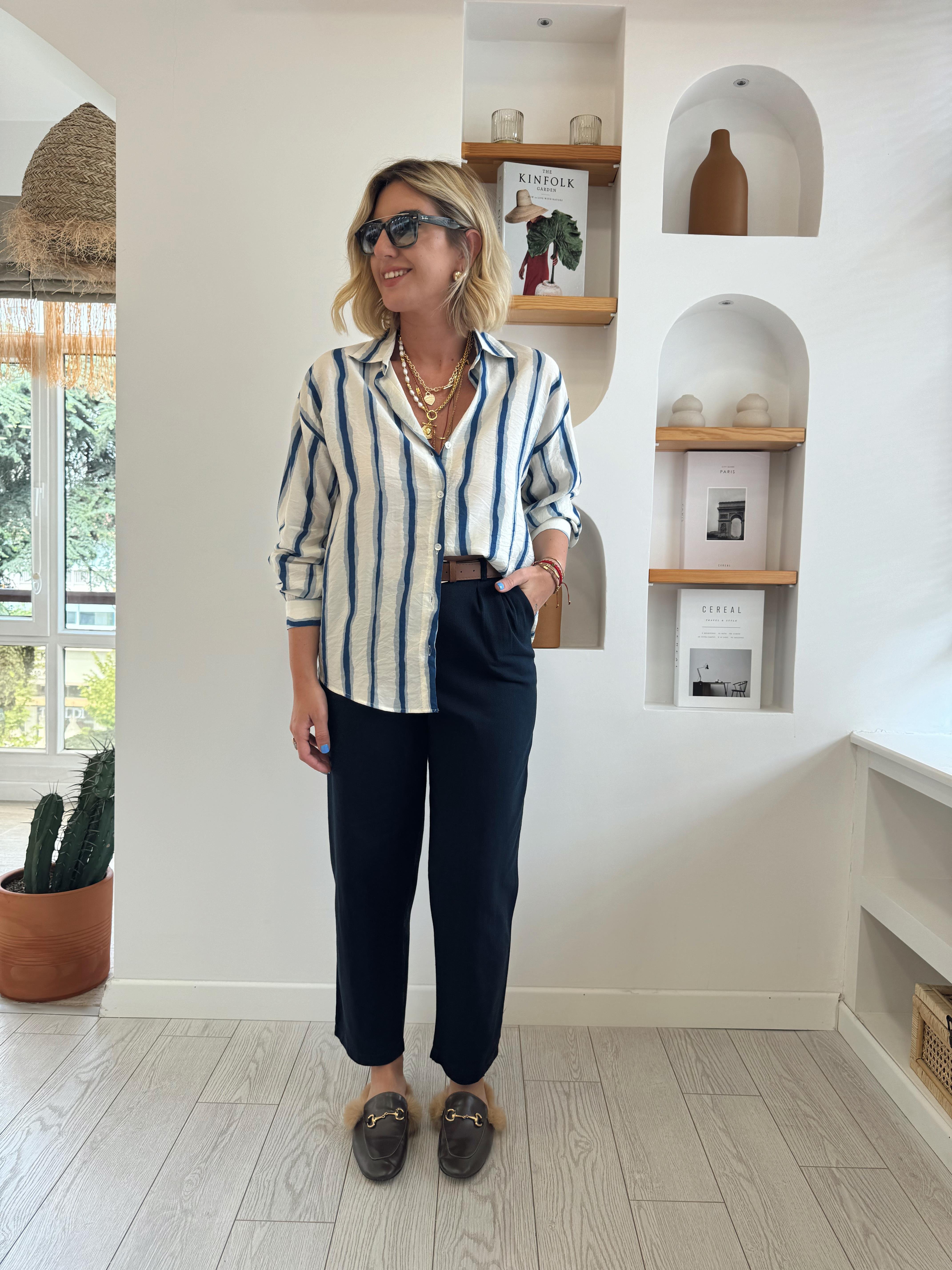 Taba Kemerli Lacivert Gabardin Pantolon