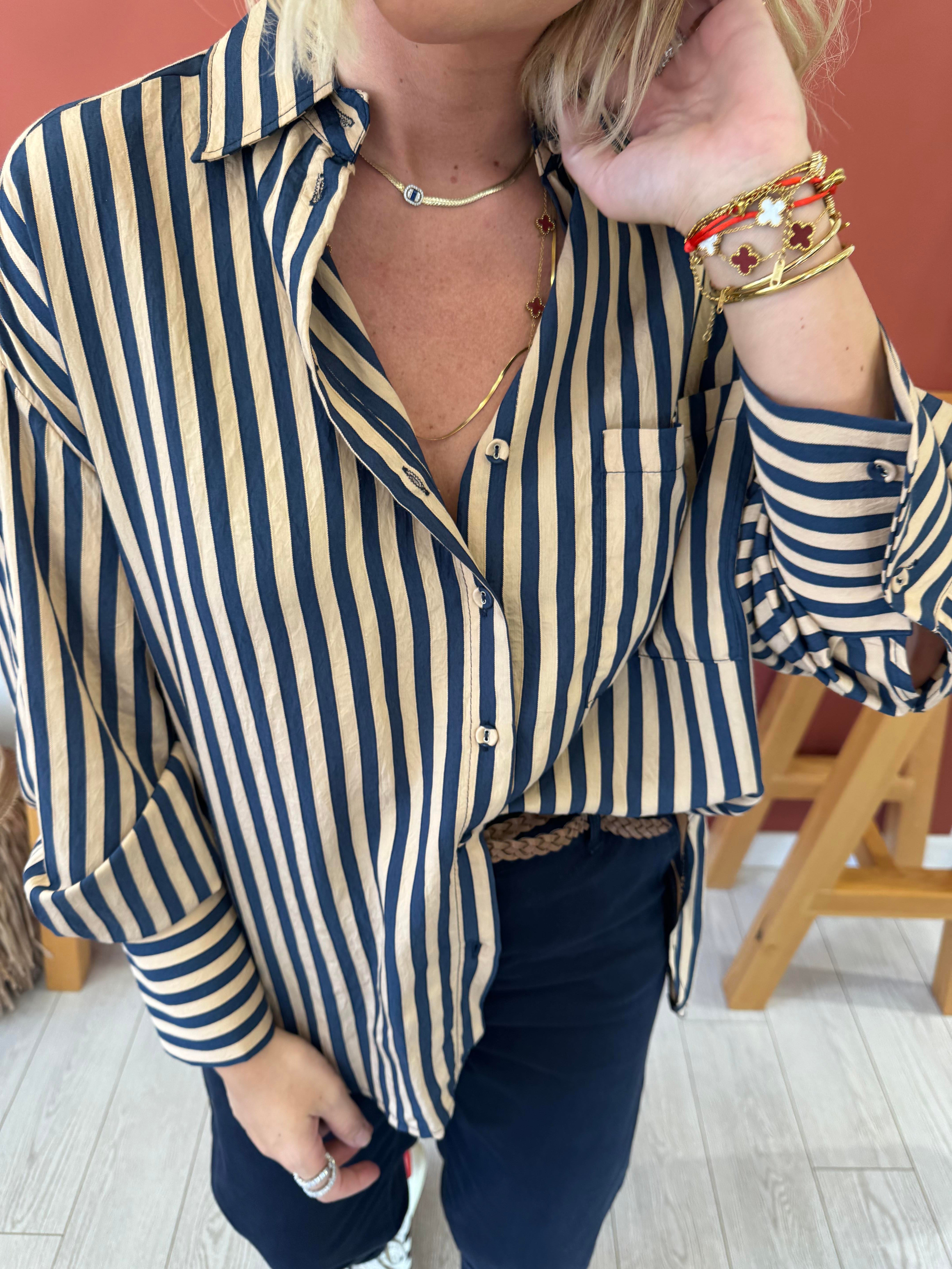 Taba & Lacivert Çizgili , Tencel Gömlek