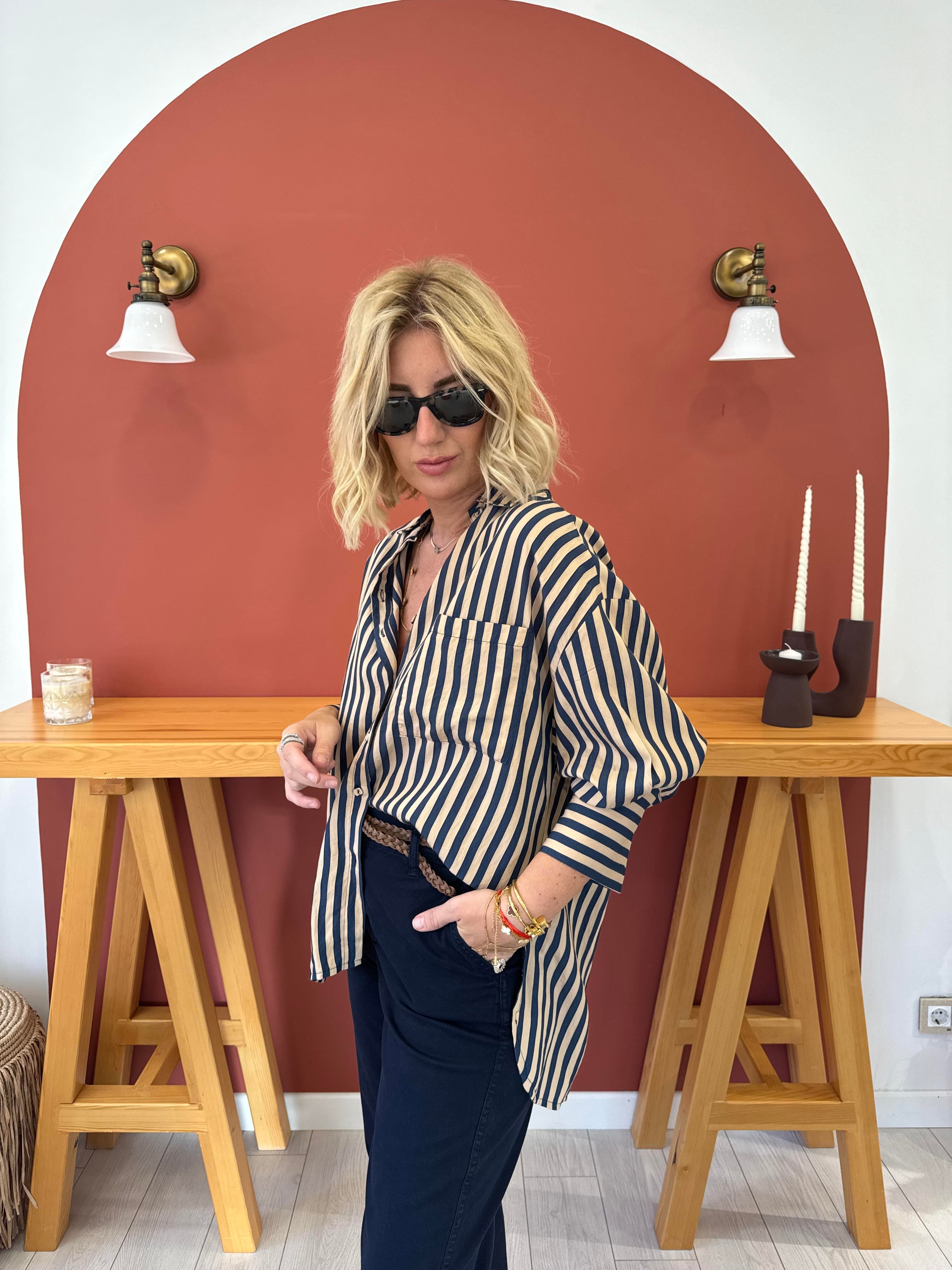 Taba & Lacivert Çizgili , Tencel Gömlek