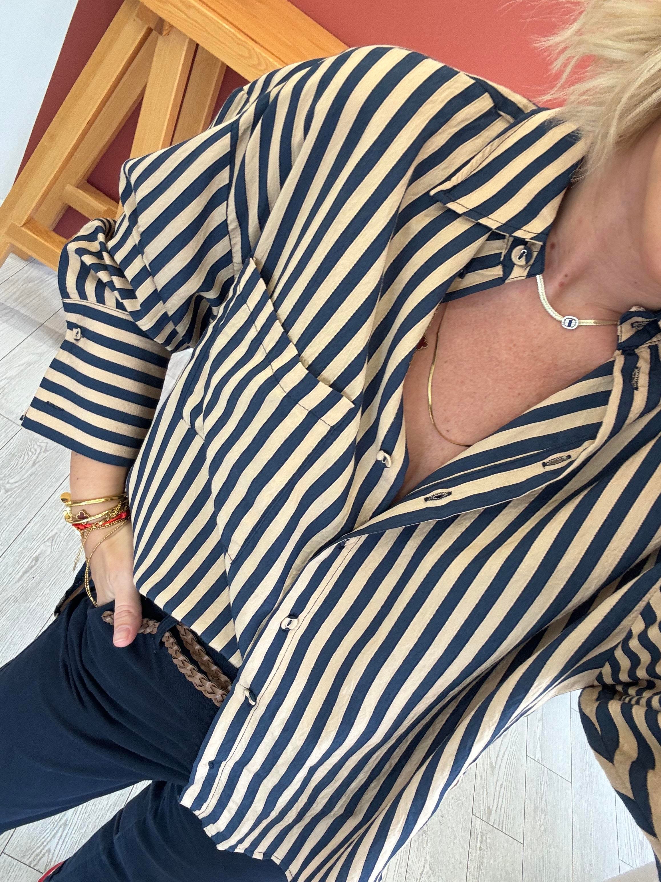 Taba & Lacivert Çizgili , Tencel Gömlek