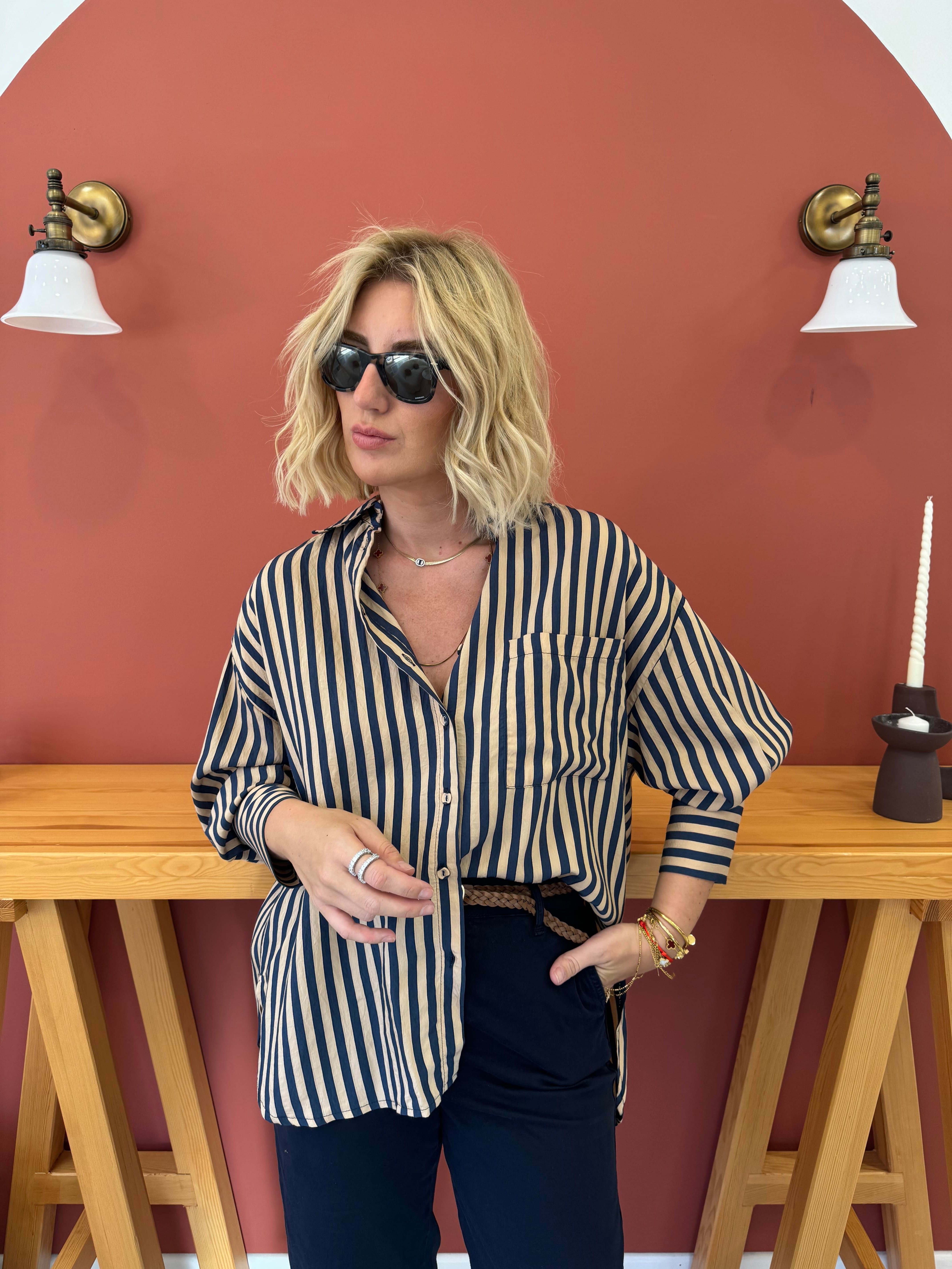 Taba & Lacivert Çizgili , Tencel Gömlek