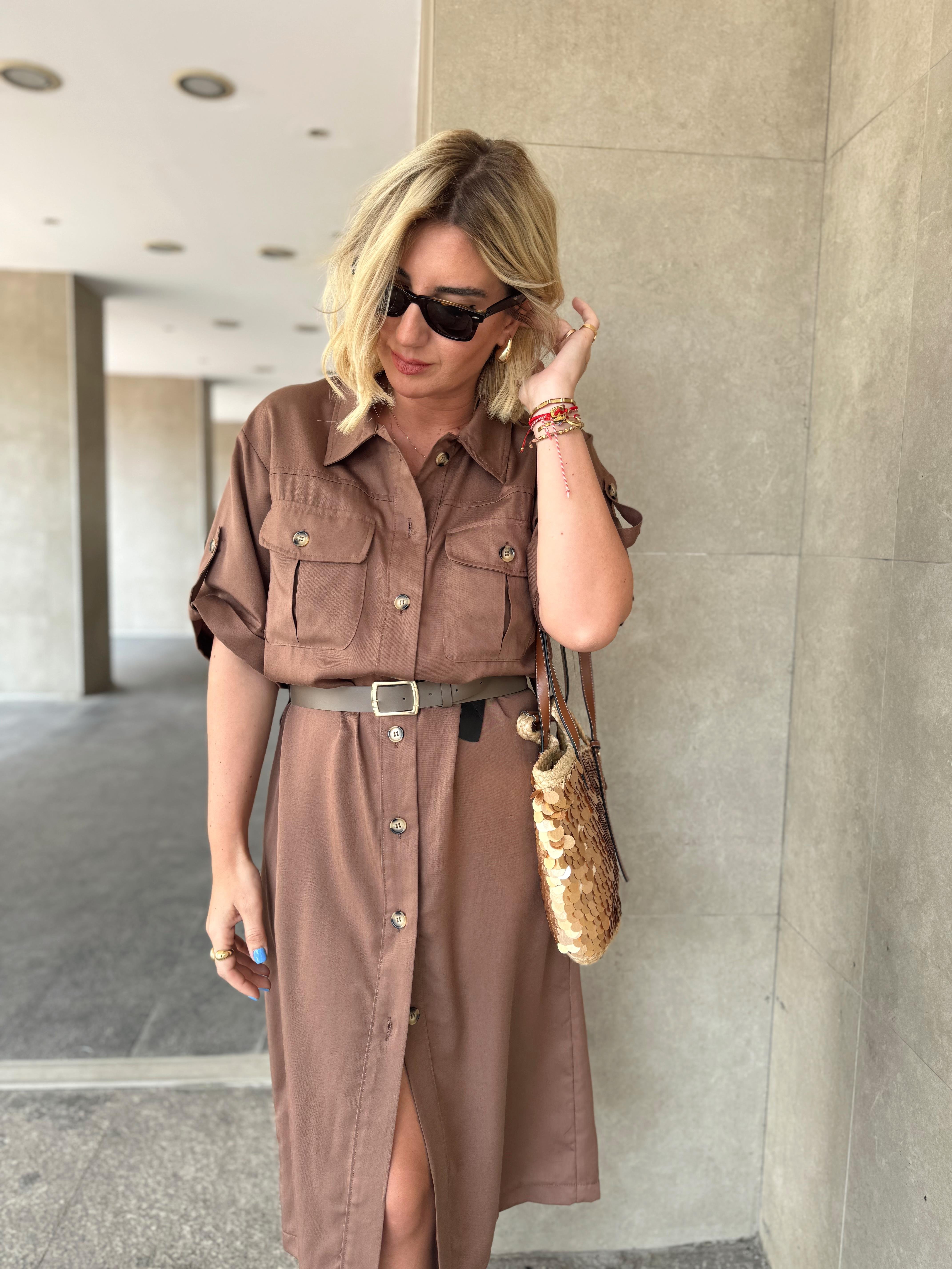 Vizon Kemerli Acı Kahve Tencel Gömlek Elbise