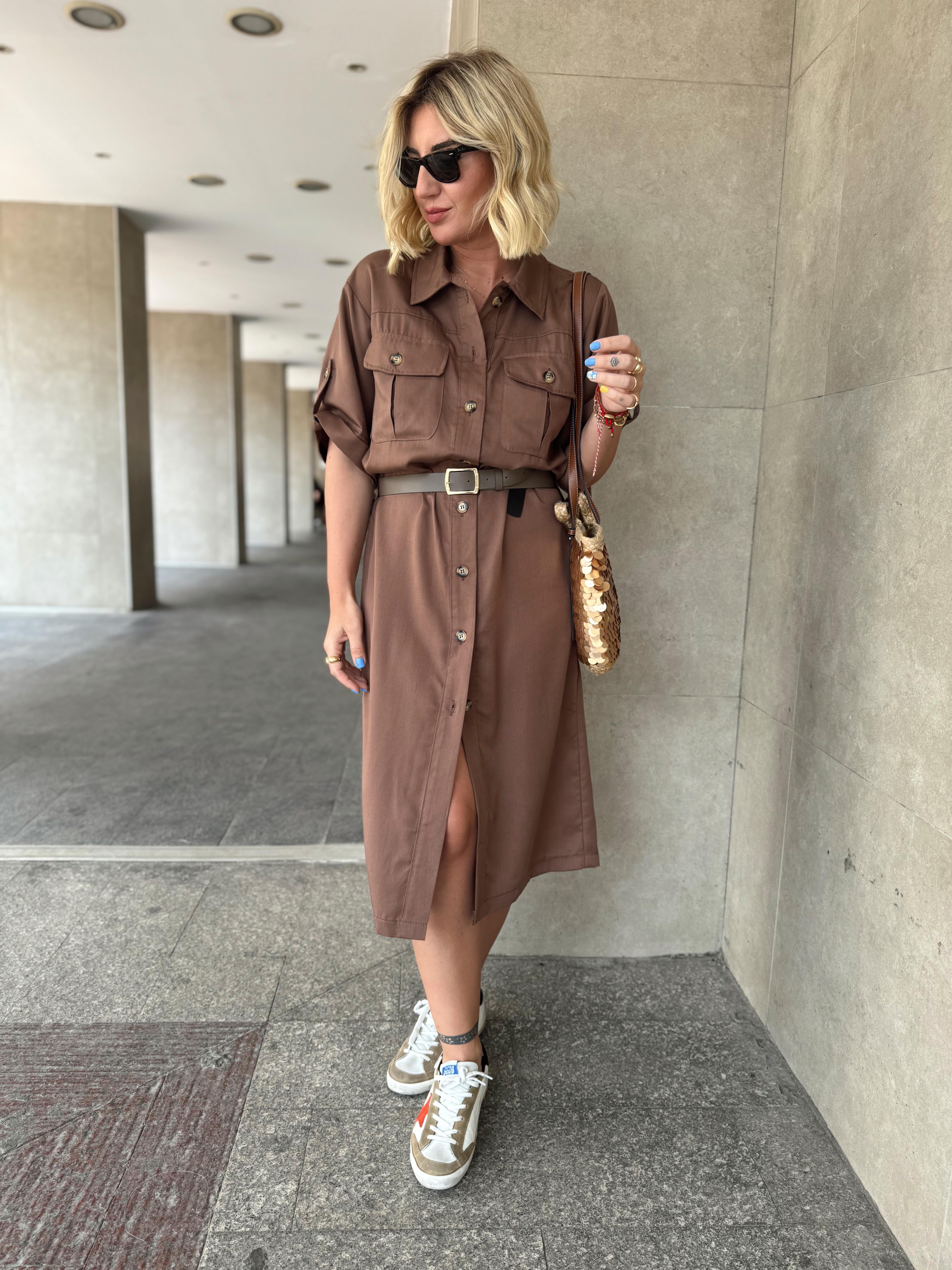 Vizon Kemerli Acı Kahve Tencel Gömlek Elbise