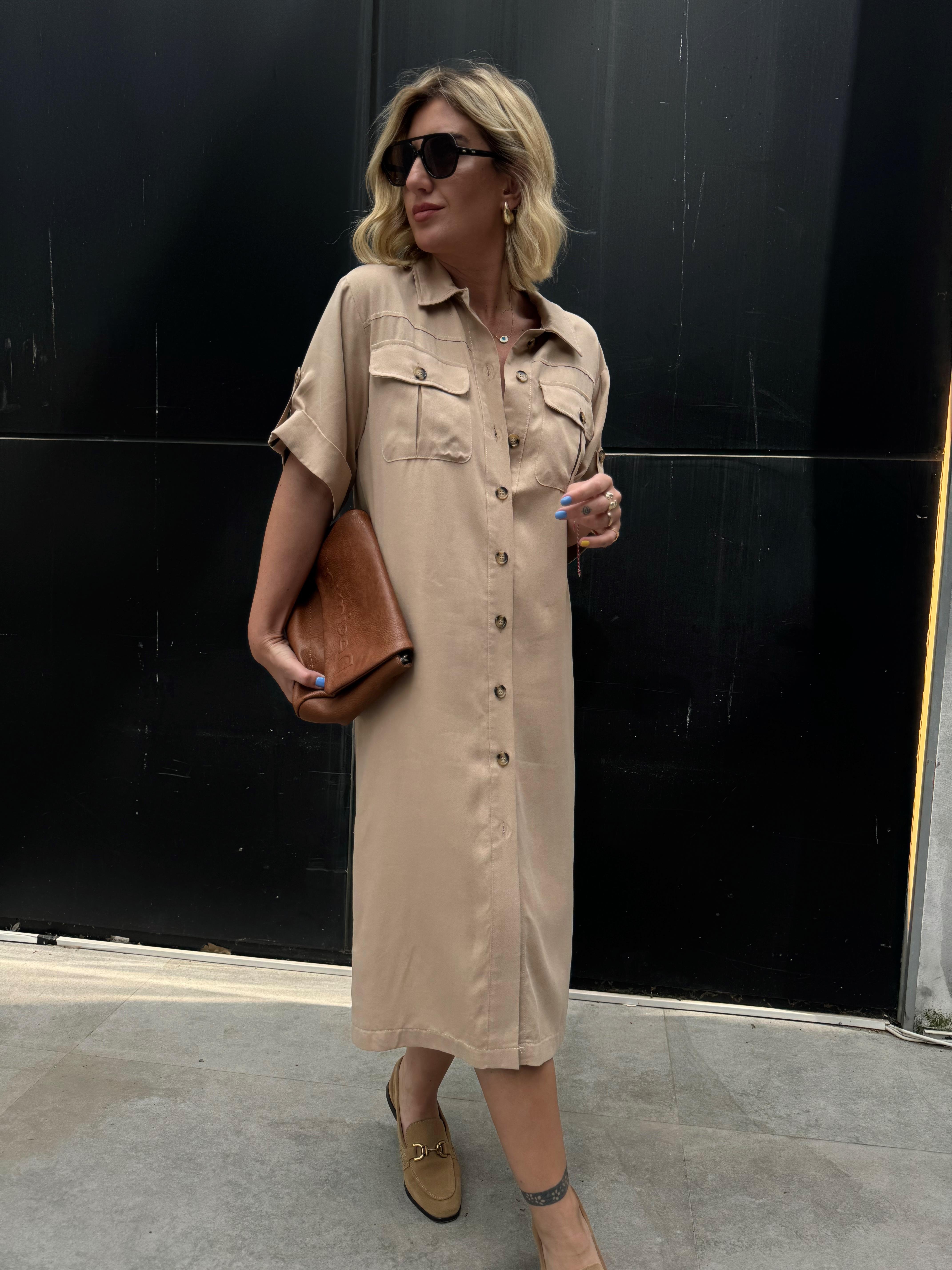 Vizon Kemerli Bej Tencel Gömlek Elbise