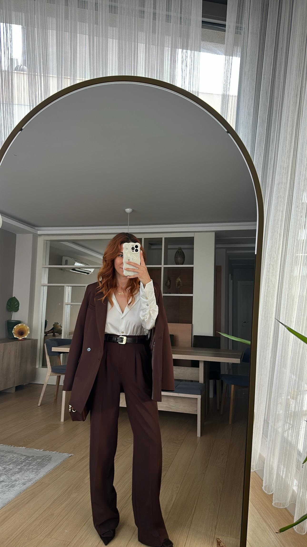 ACI KAHVE PİLE DETAY PALAZZO PANTOLON  OVERSİZE  ASTARLI CEKET TAKIM ELBİSE 