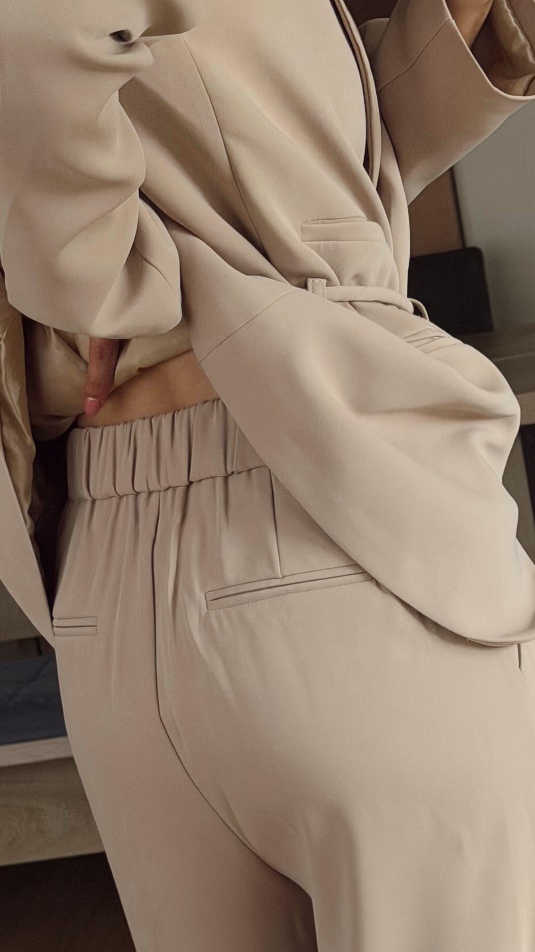 Açık Nude  Bağlamalı Ceket Bel Lastik Pantolon Takım Elbisei