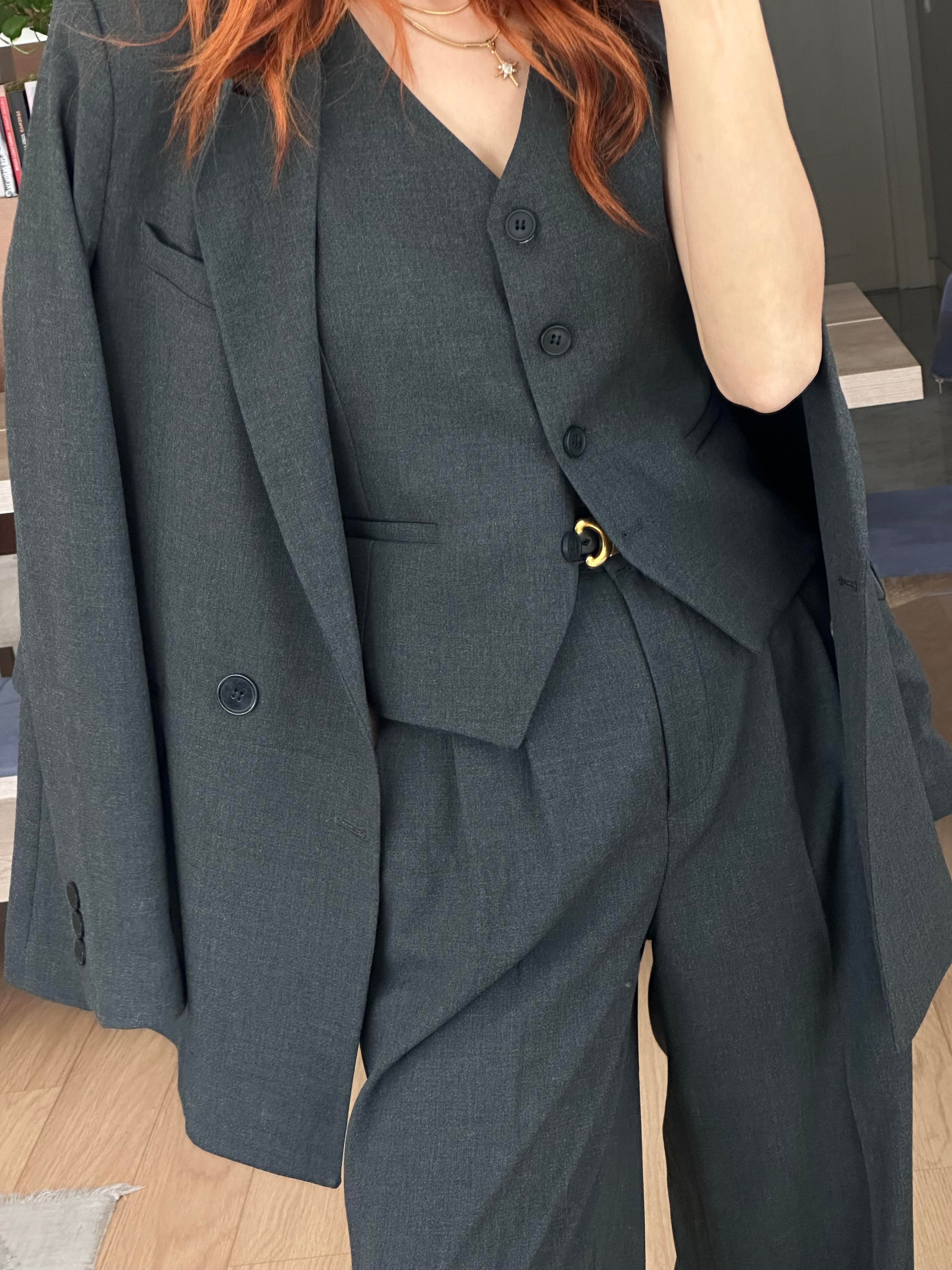 ANTRASİT OVERSIZE CEKET YELEKLİ PİLE DETAY PALAZZO OVERSİZE CEKET TAKIM 