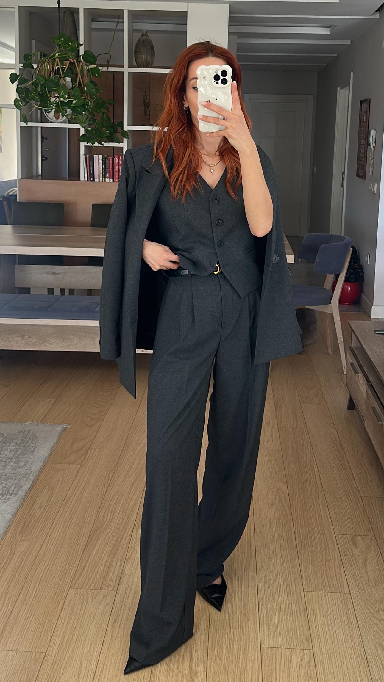 ANTRASİT OVERSIZE CEKET YELEKLİ PİLE DETAY PALAZZO OVERSİZE CEKET TAKIM 