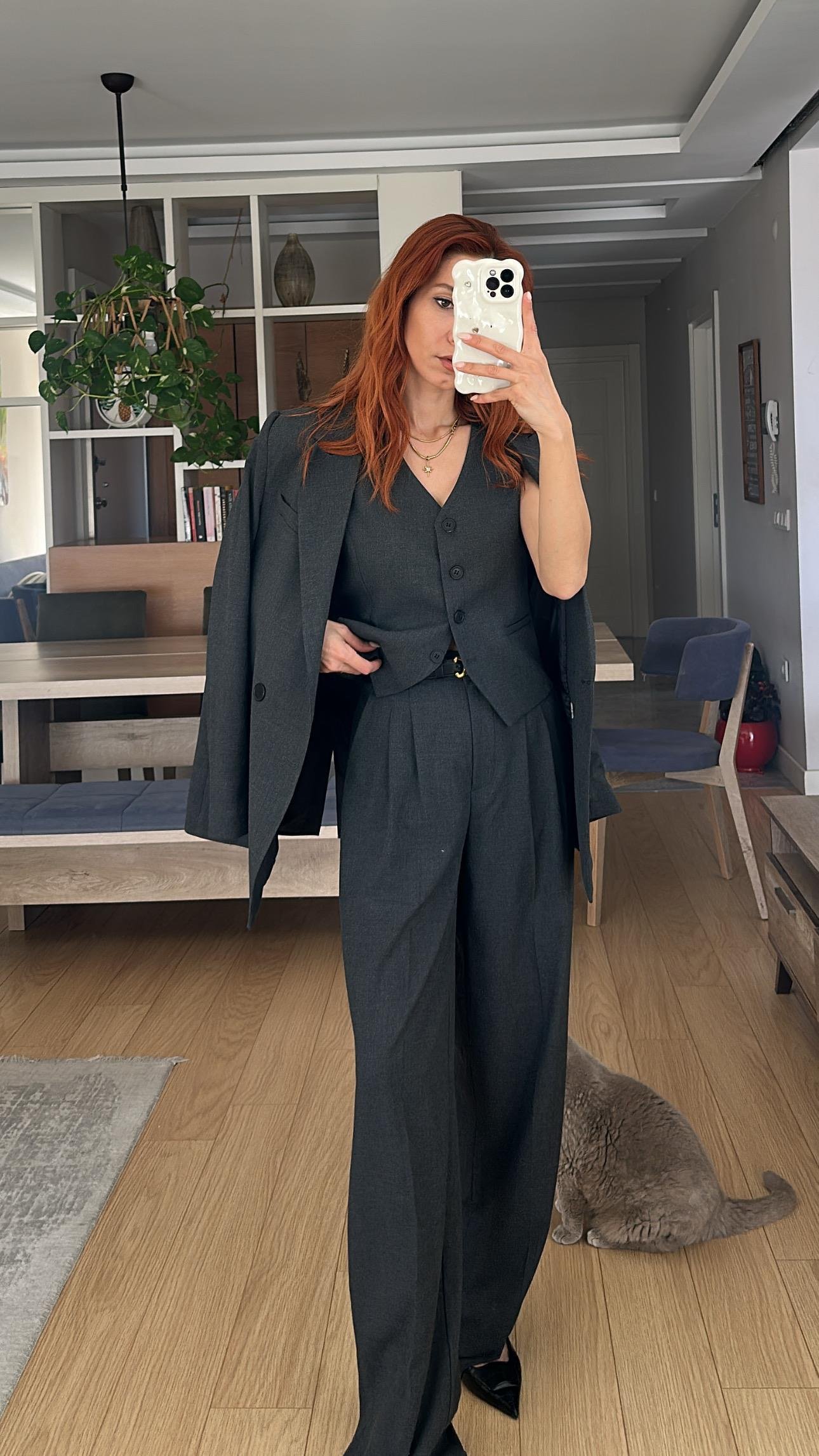 ANTRASİT OVERSIZE CEKET YELEKLİ PİLE DETAY PALAZZO OVERSİZE CEKET TAKIM 