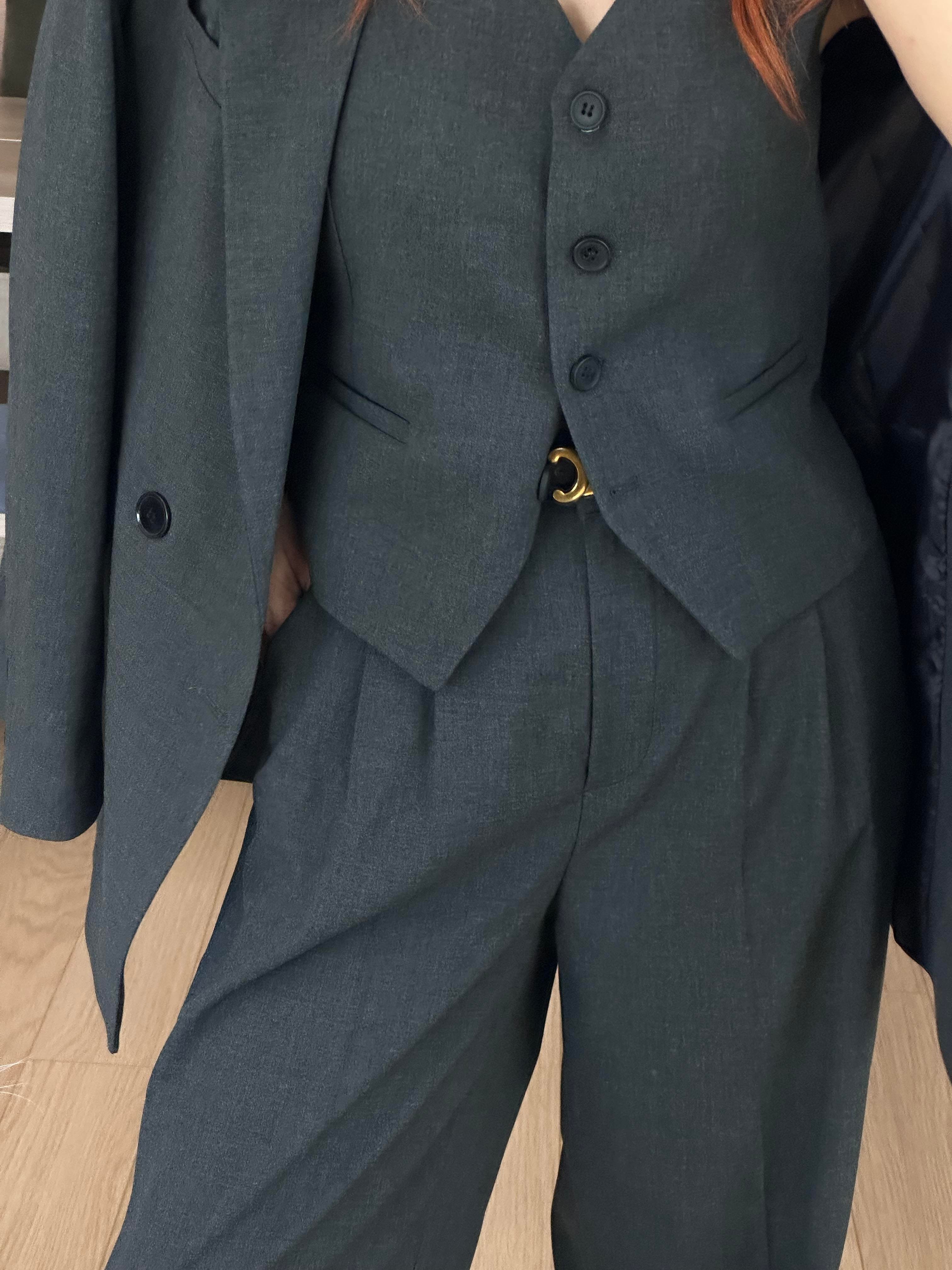 ANTRASİT OVERSIZE CEKET YELEKLİ PİLE DETAY PALAZZO OVERSİZE CEKET TAKIM 