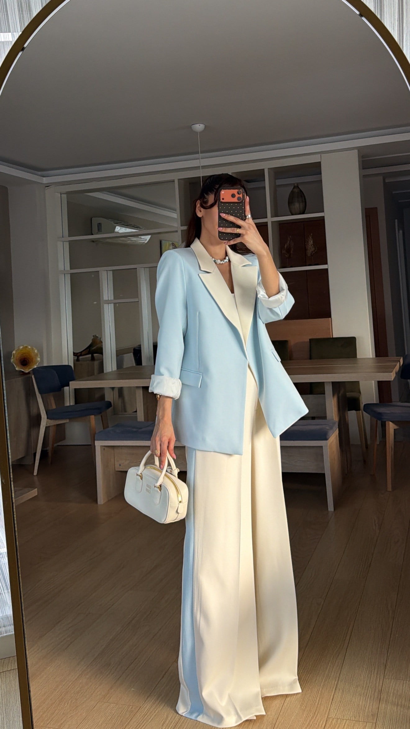 Bebe Mavi Krem Geçişli Blazer Garnili Palazzo Takım Elbise 