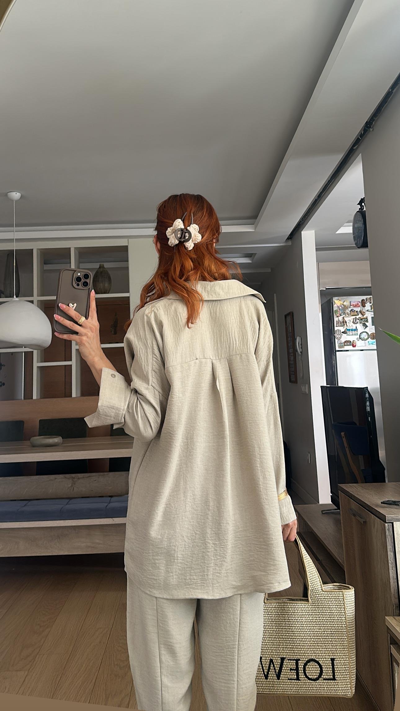 Bej  Bel Lastik Pantolon Gömlek Takım 