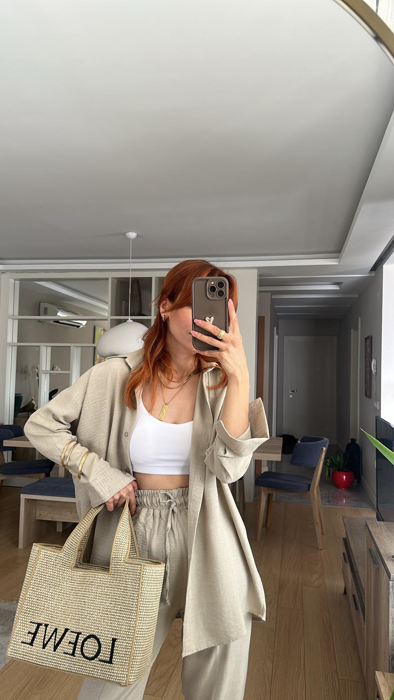 Bej  Bel Lastik Pantolon Gömlek Takım 