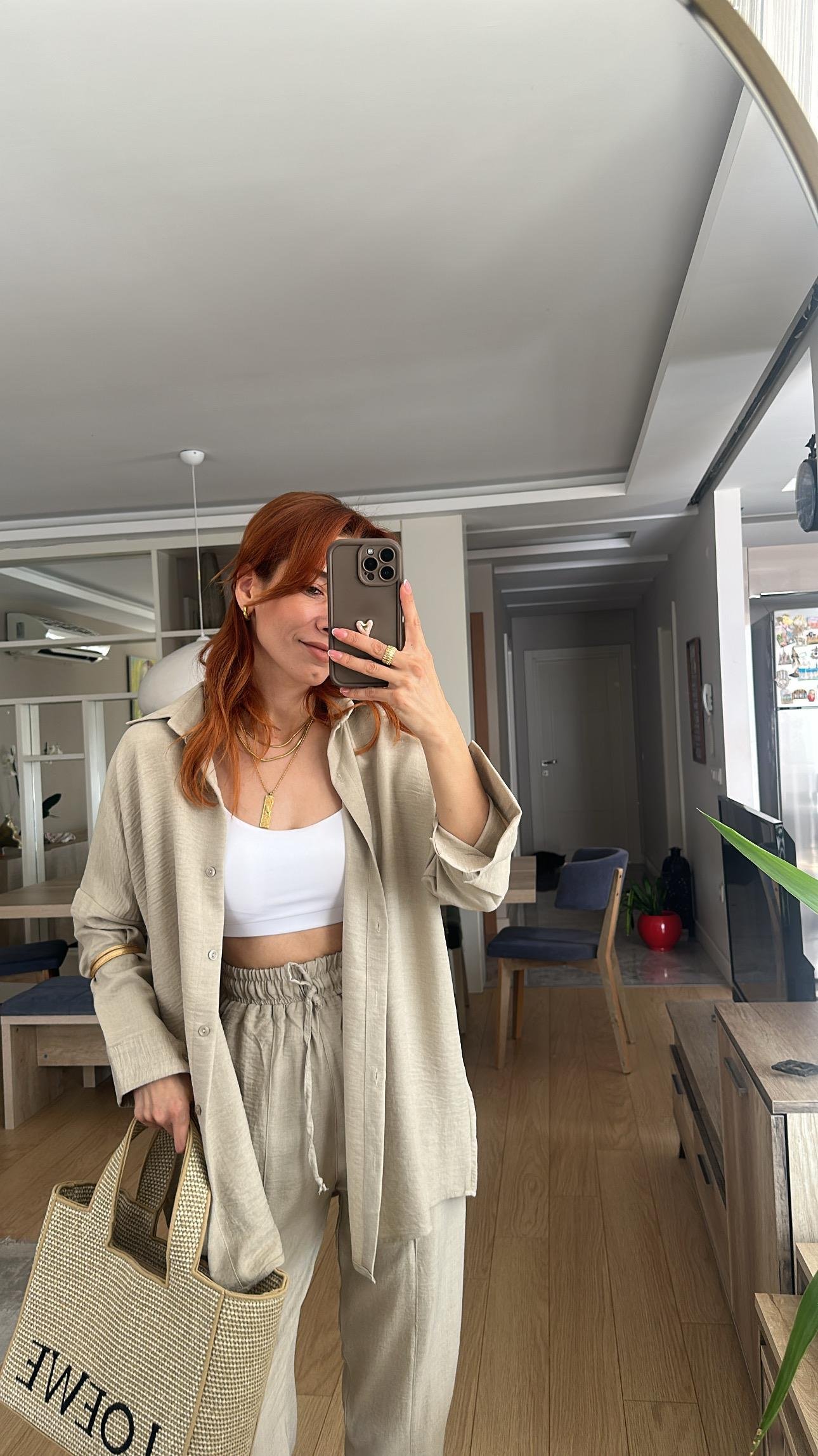Bej  Bel Lastik Pantolon Gömlek Takım 