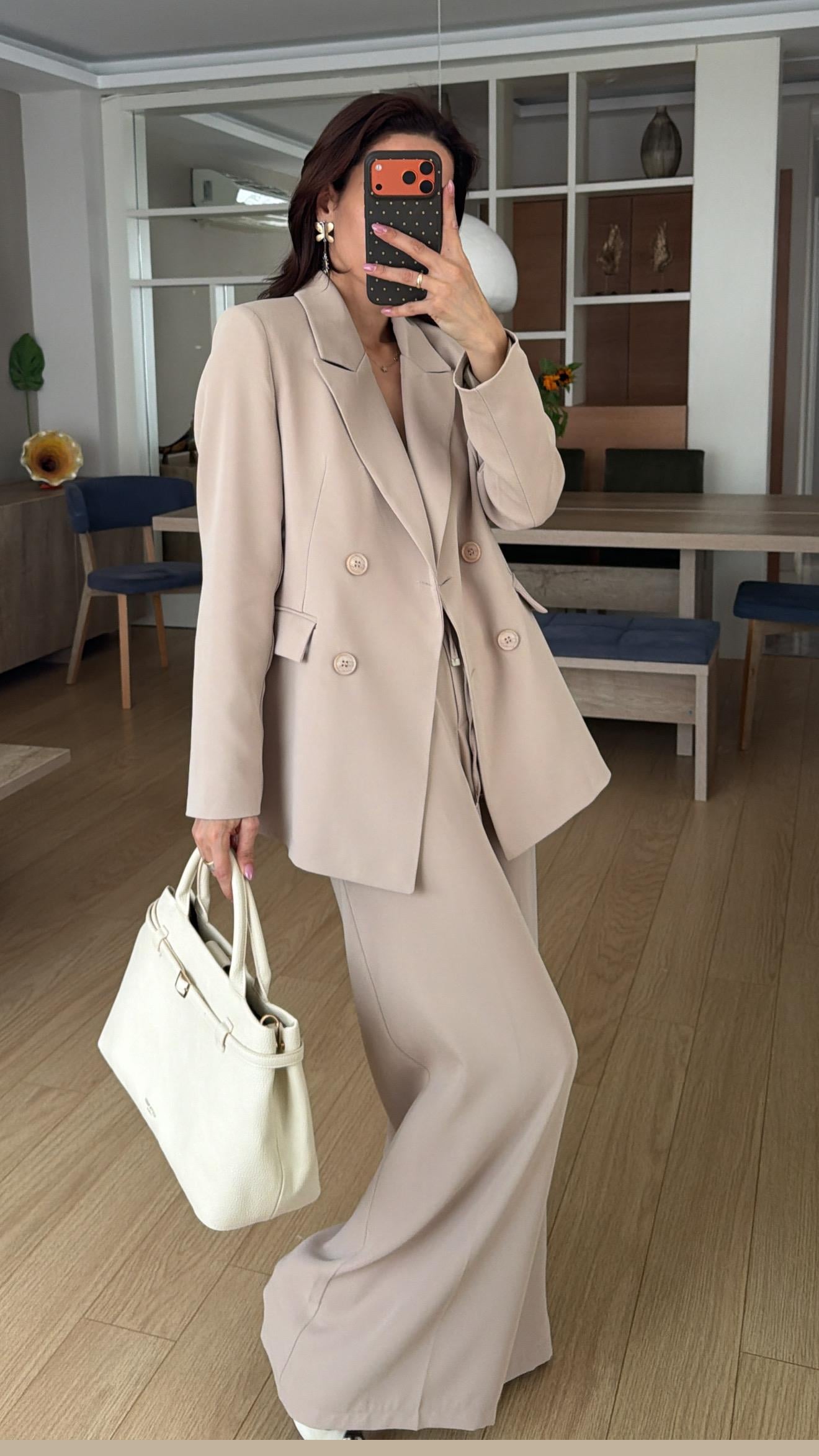 Bej  Bel Lastikli Pantolon Blazer Ceket Takım Elbise 