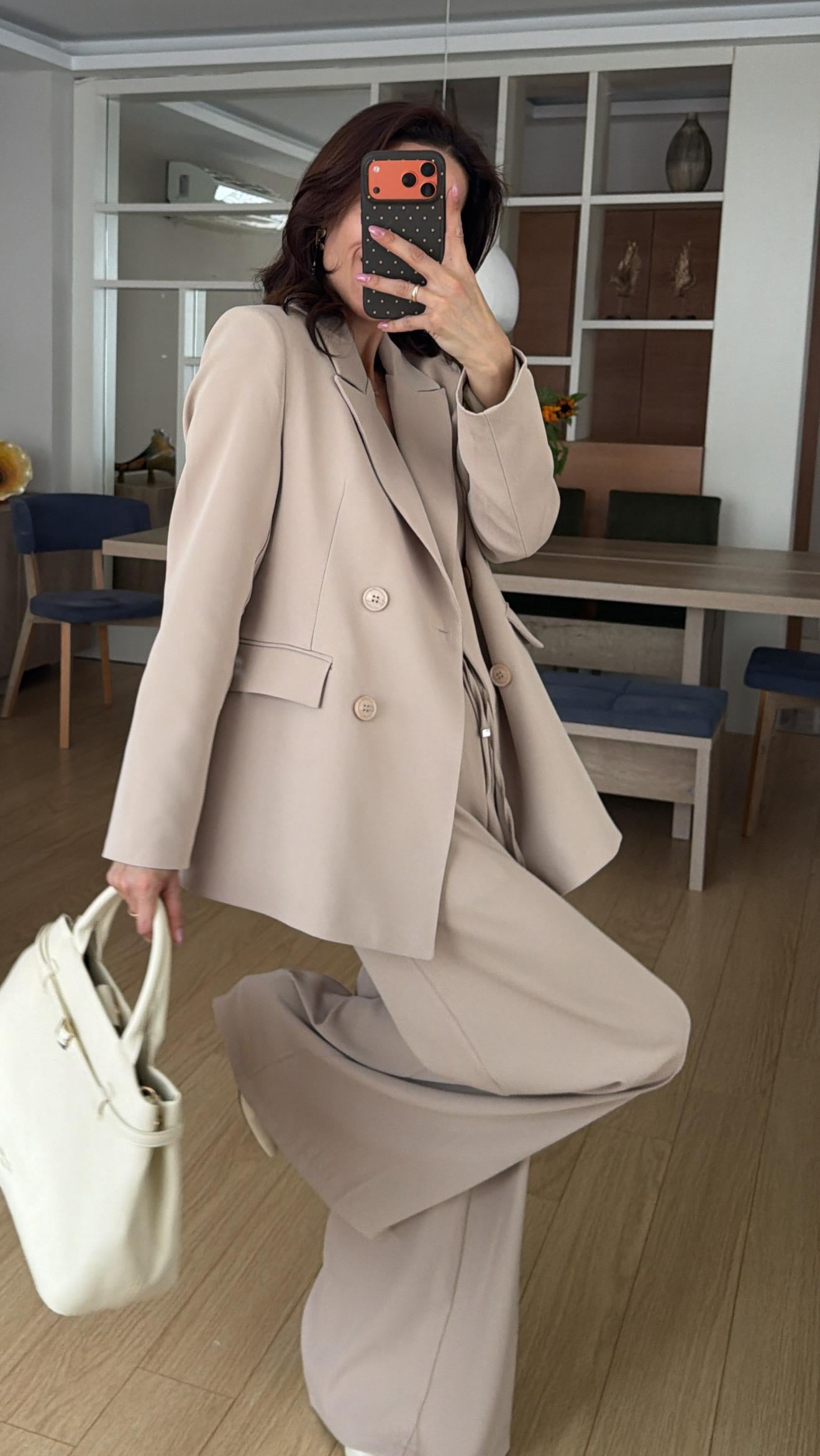 Bej  Bel Lastikli Pantolon Blazer Ceket Takım Elbise 