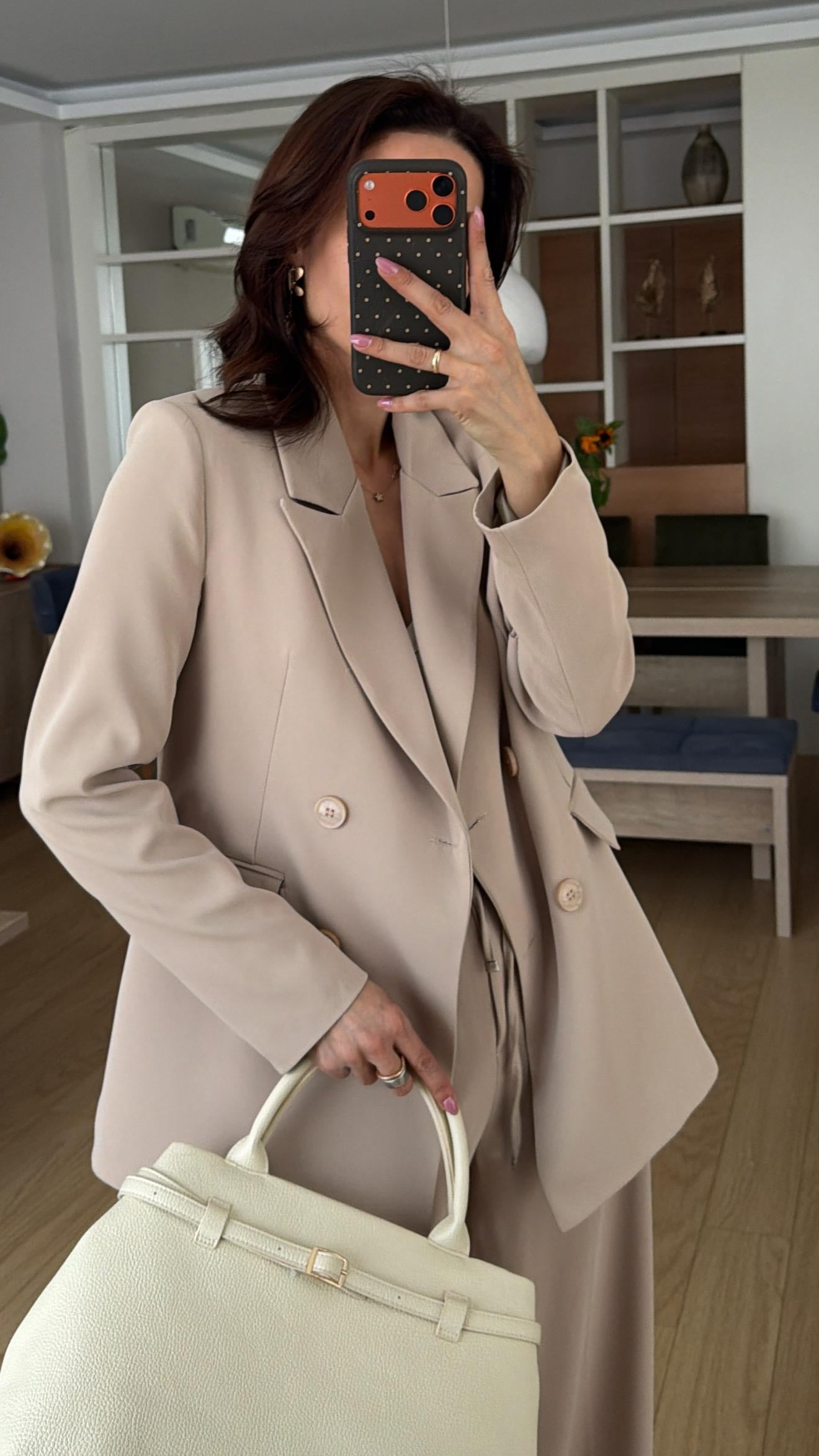 Bej  Bel Lastikli Pantolon Blazer Ceket Takım Elbise 