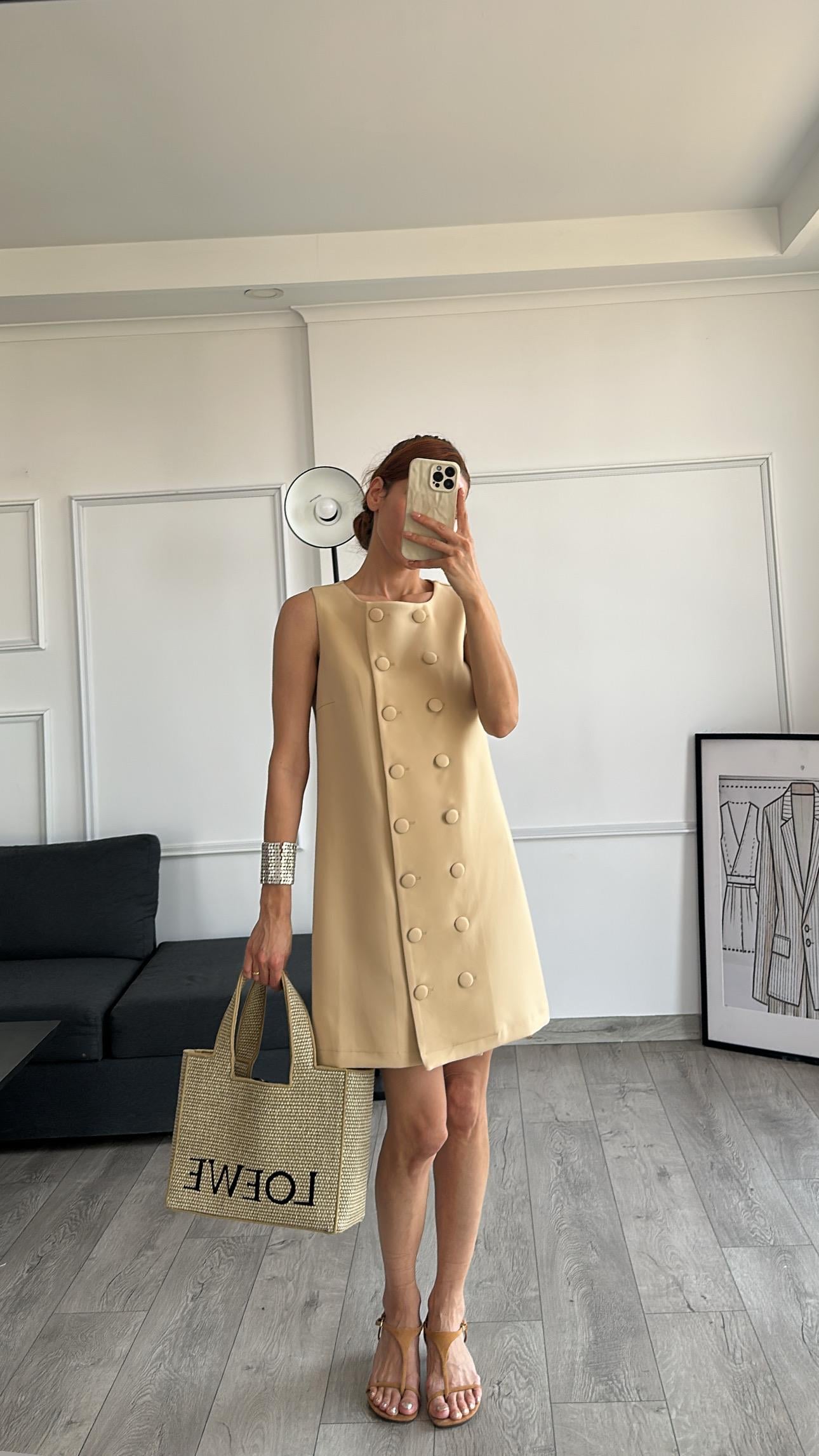Bej Önden Düğme Görünüm Detay Arka Fermuarlı Midi Boy Ekbise 
