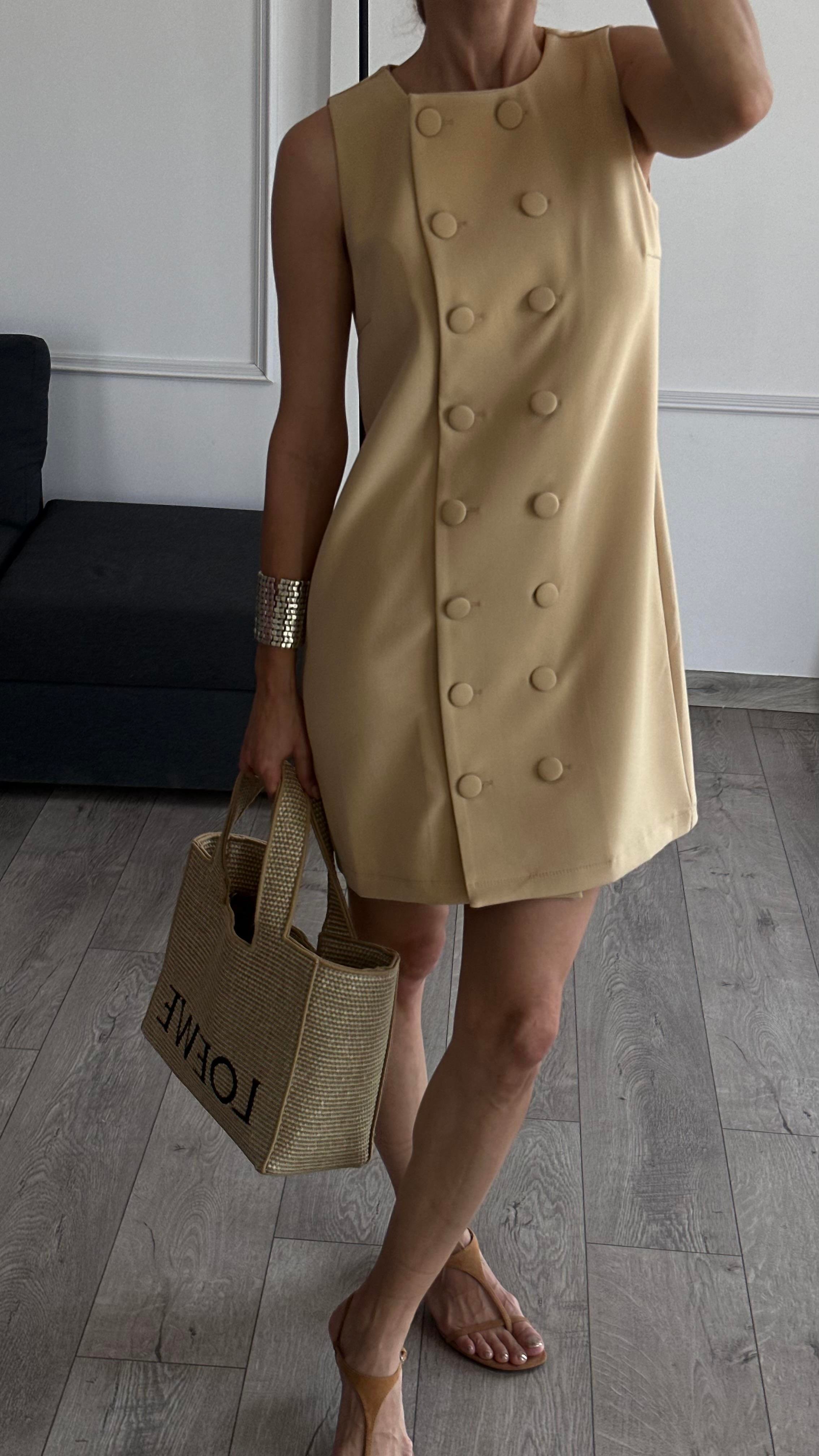 Bej Önden Düğme Görünüm Detay Arka Fermuarlı Midi Boy Ekbise 