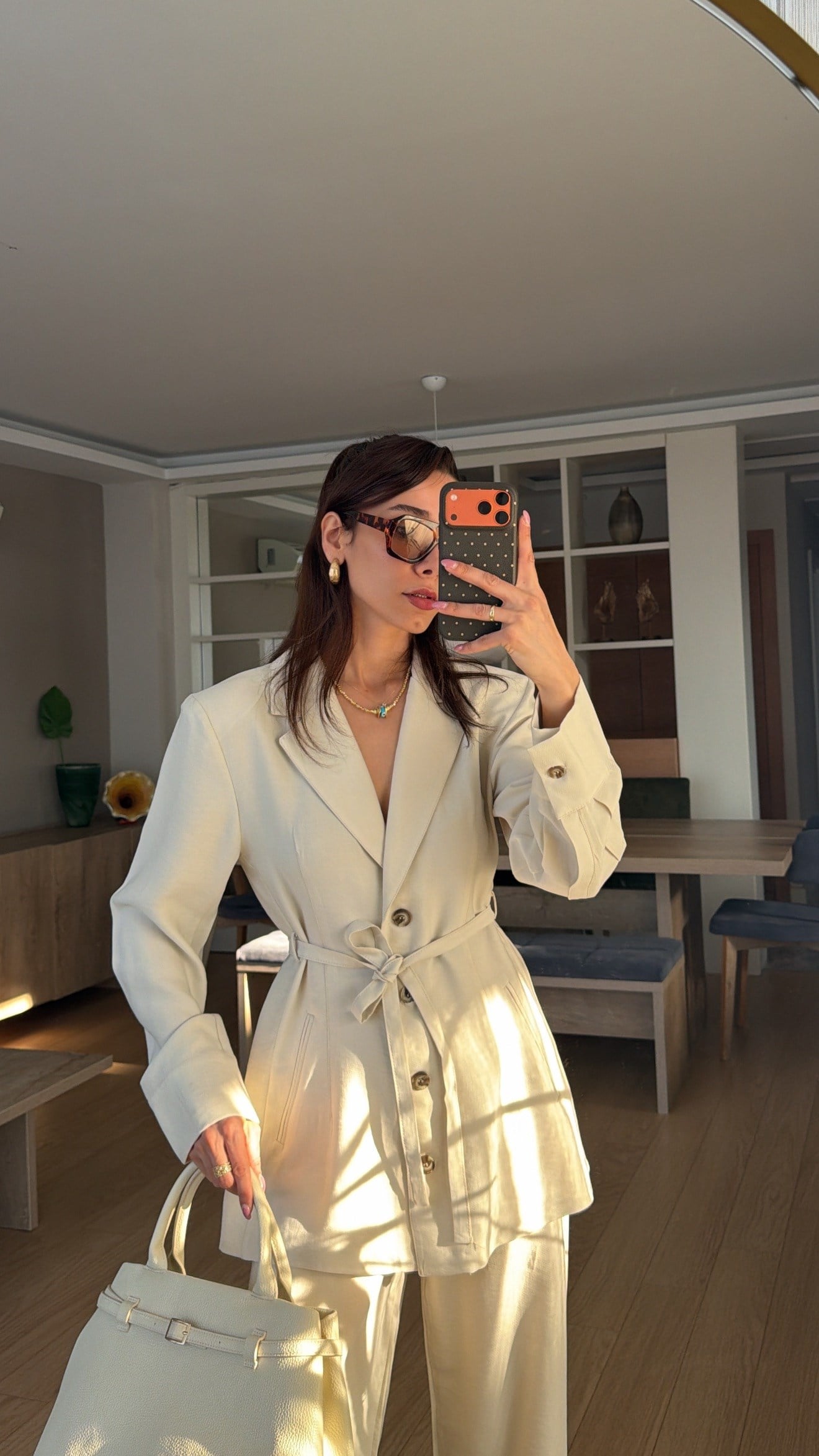 Bej Vatkalı Ceket Bel Lastikli Tensel  Takım 