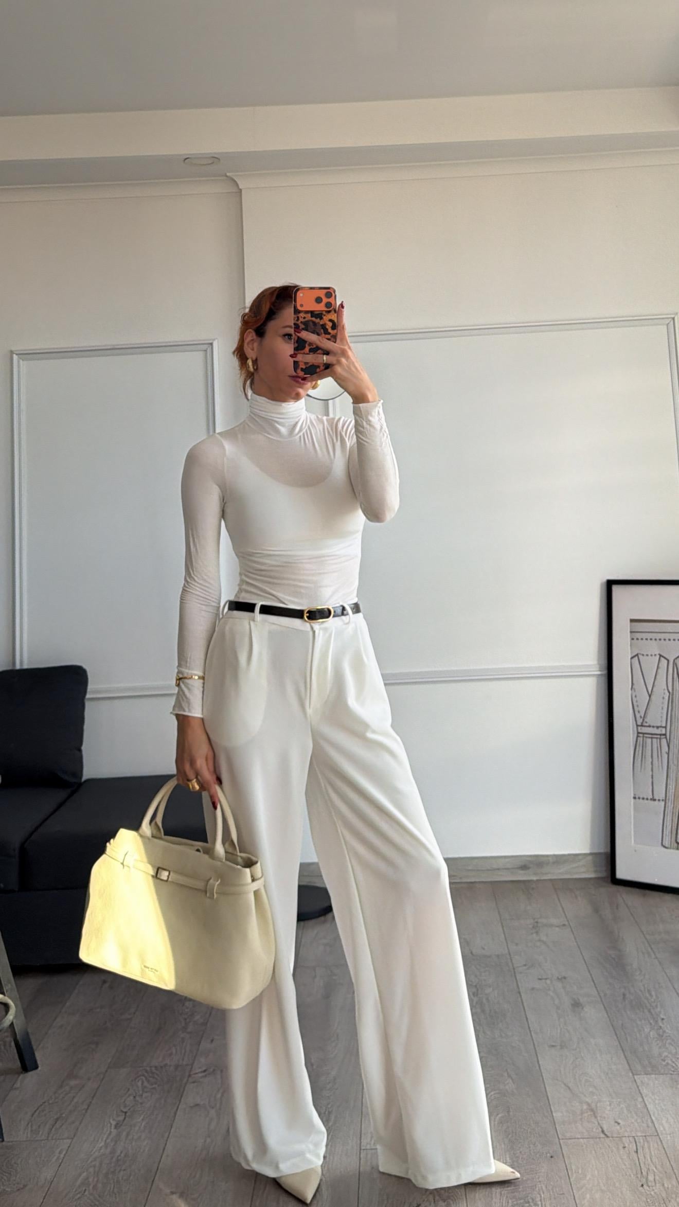 Beyaz  Beli Lastikli Kemerli Bol Pantolon