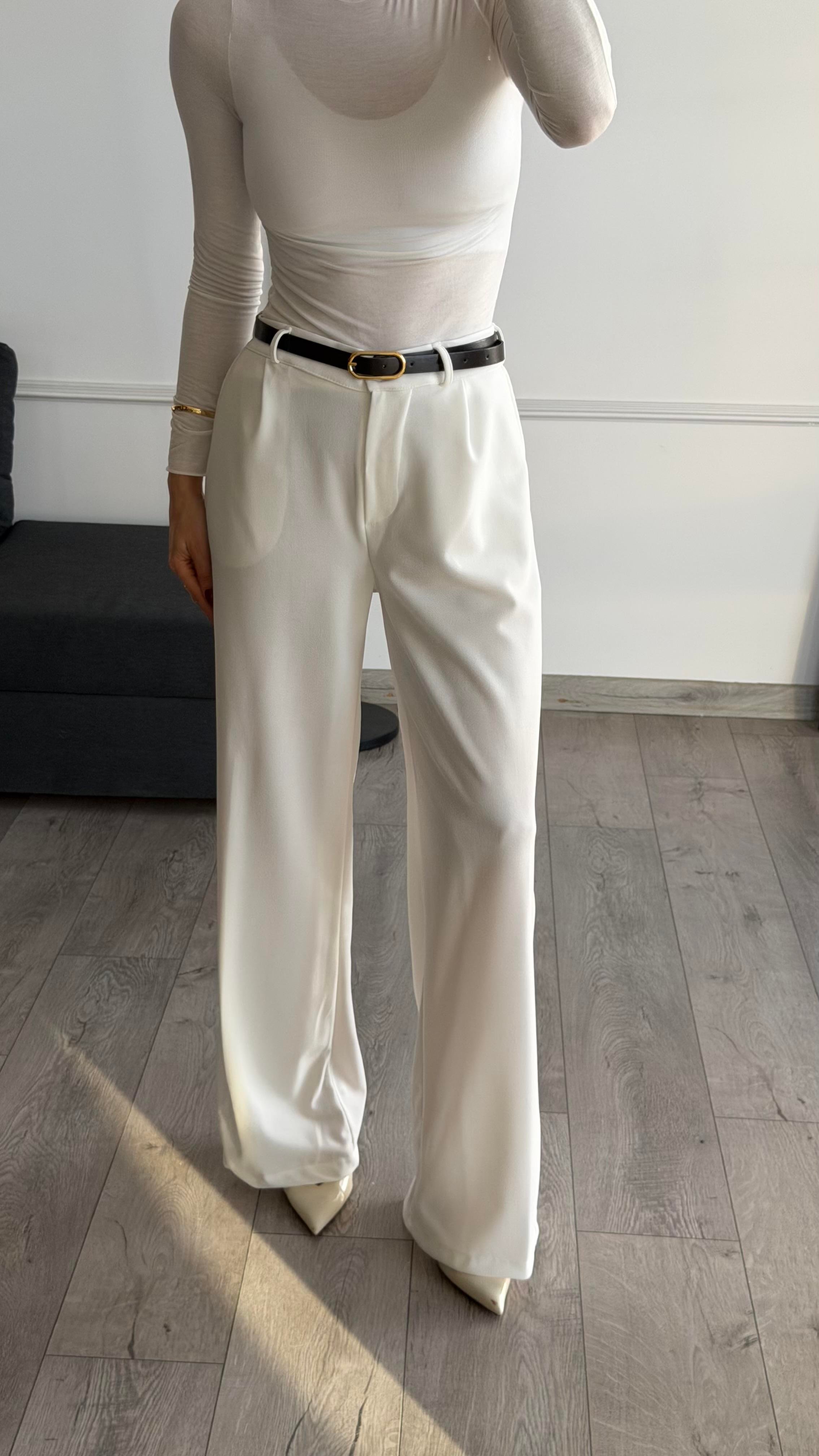 Beyaz  Beli Lastikli Kemerli Bol Pantolon