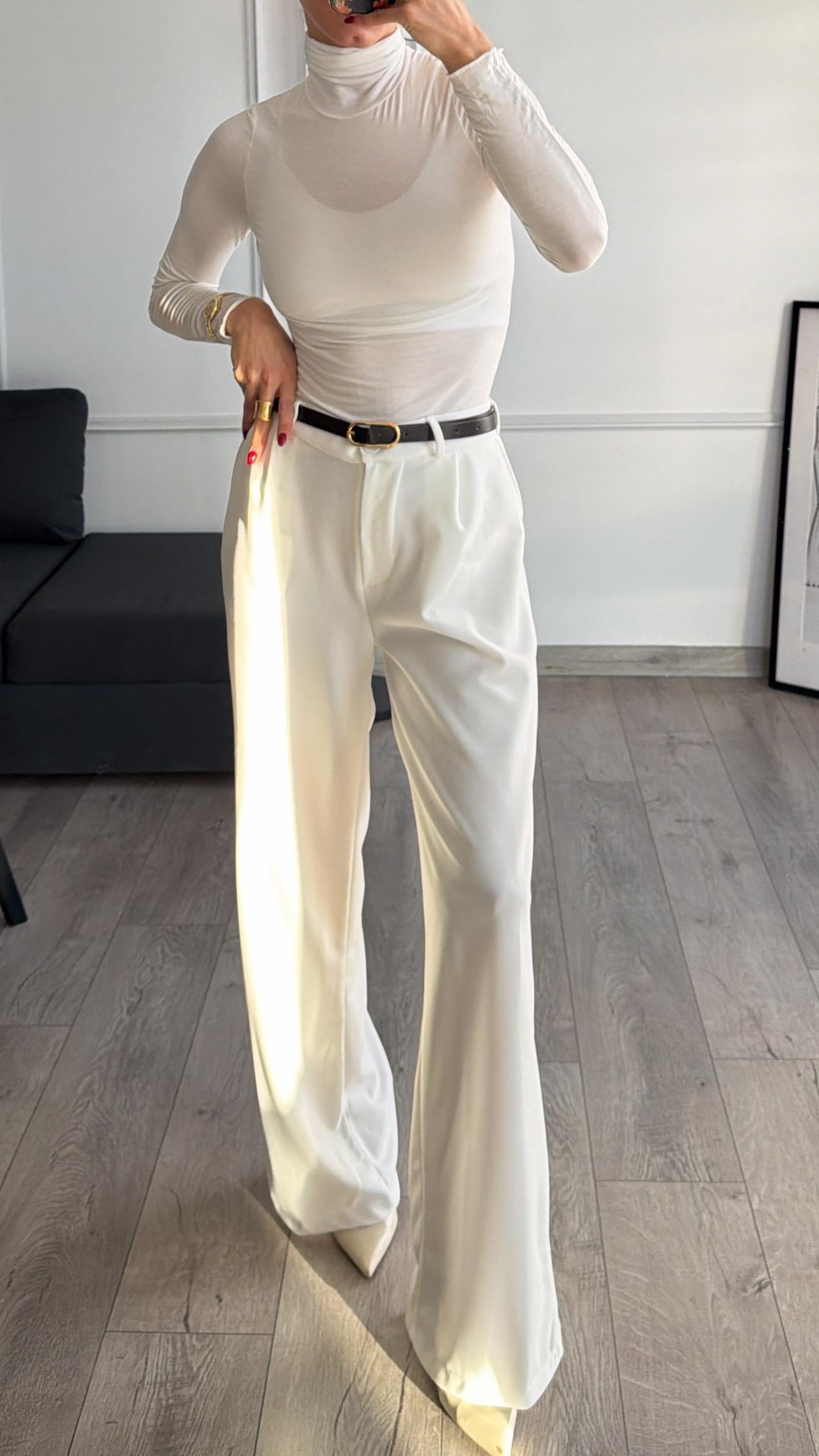 Beyaz  Beli Lastikli Kemerli Bol Pantolon