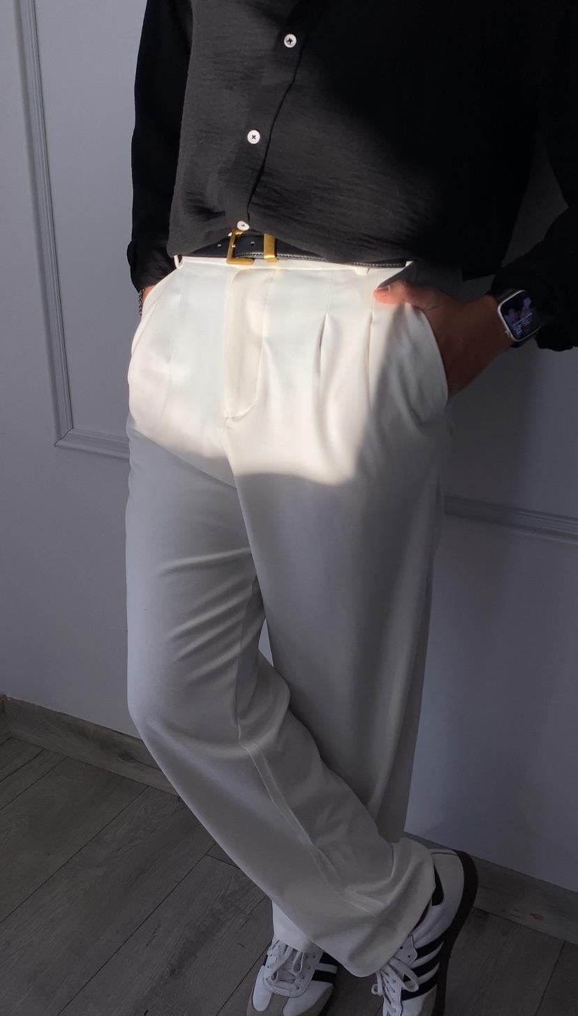 BEYAZ BEZ AYAĞI KUMAŞ BEL LASTİKLİ BAGYY PANTOLON