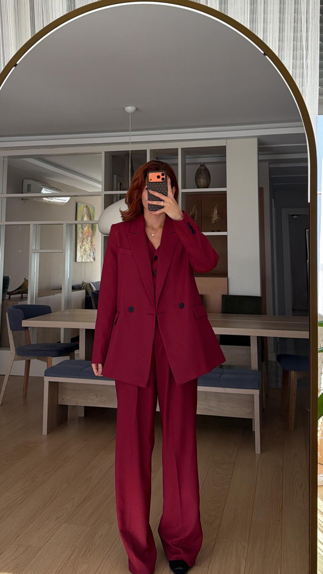 BORDO BEZAYAĞI KUMAŞ  YELEKLİ PİLE DETAY PALAZZO OVERSİZE CEKET 3LÜ TAKIM 
