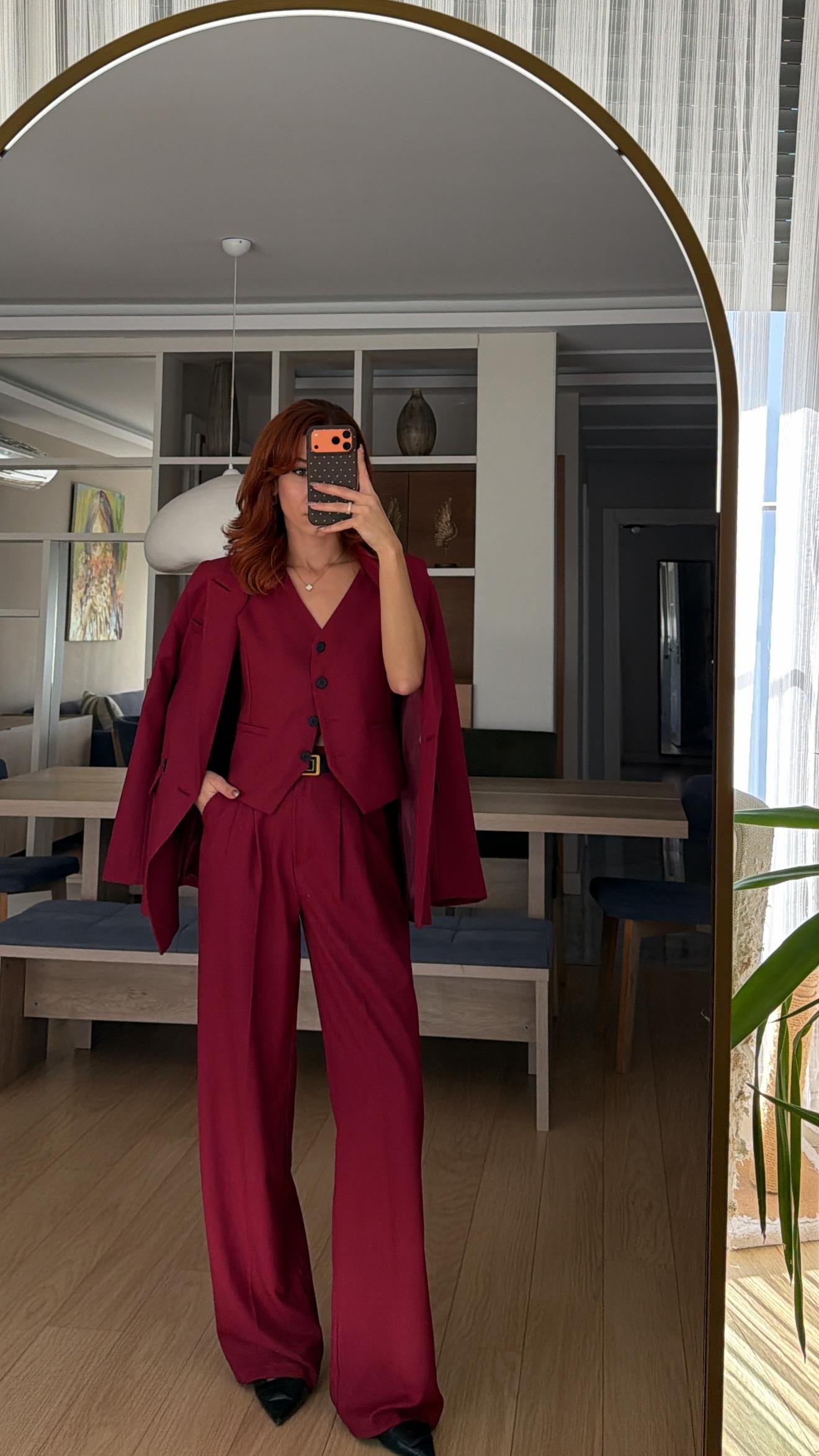 BORDO BEZAYAĞI KUMAŞ  YELEKLİ PİLE DETAY PALAZZO OVERSİZE CEKET 3LÜ TAKIM 