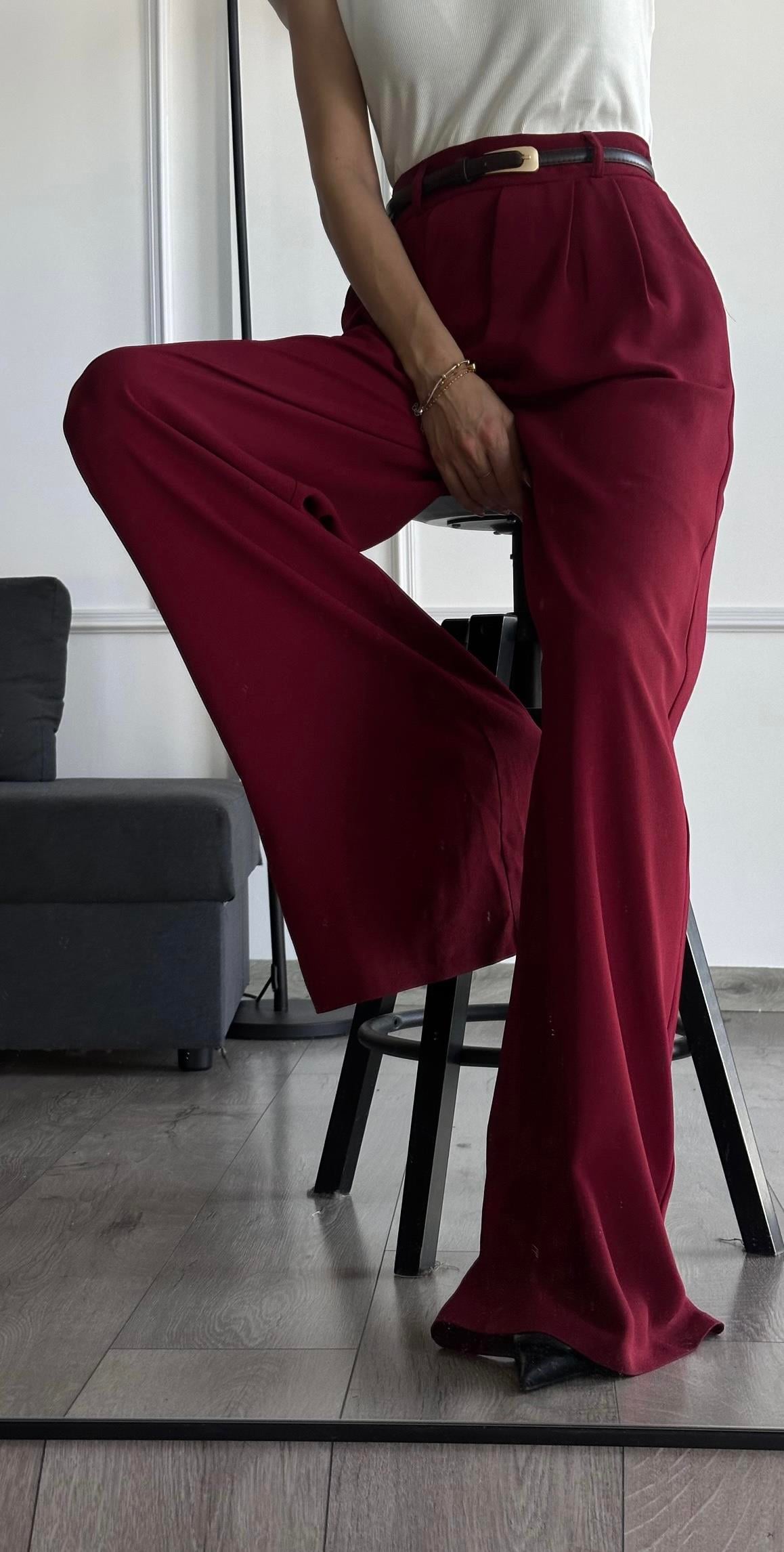 Bordo Pile Detay Bel Lastikli Palazzo Pantolon 