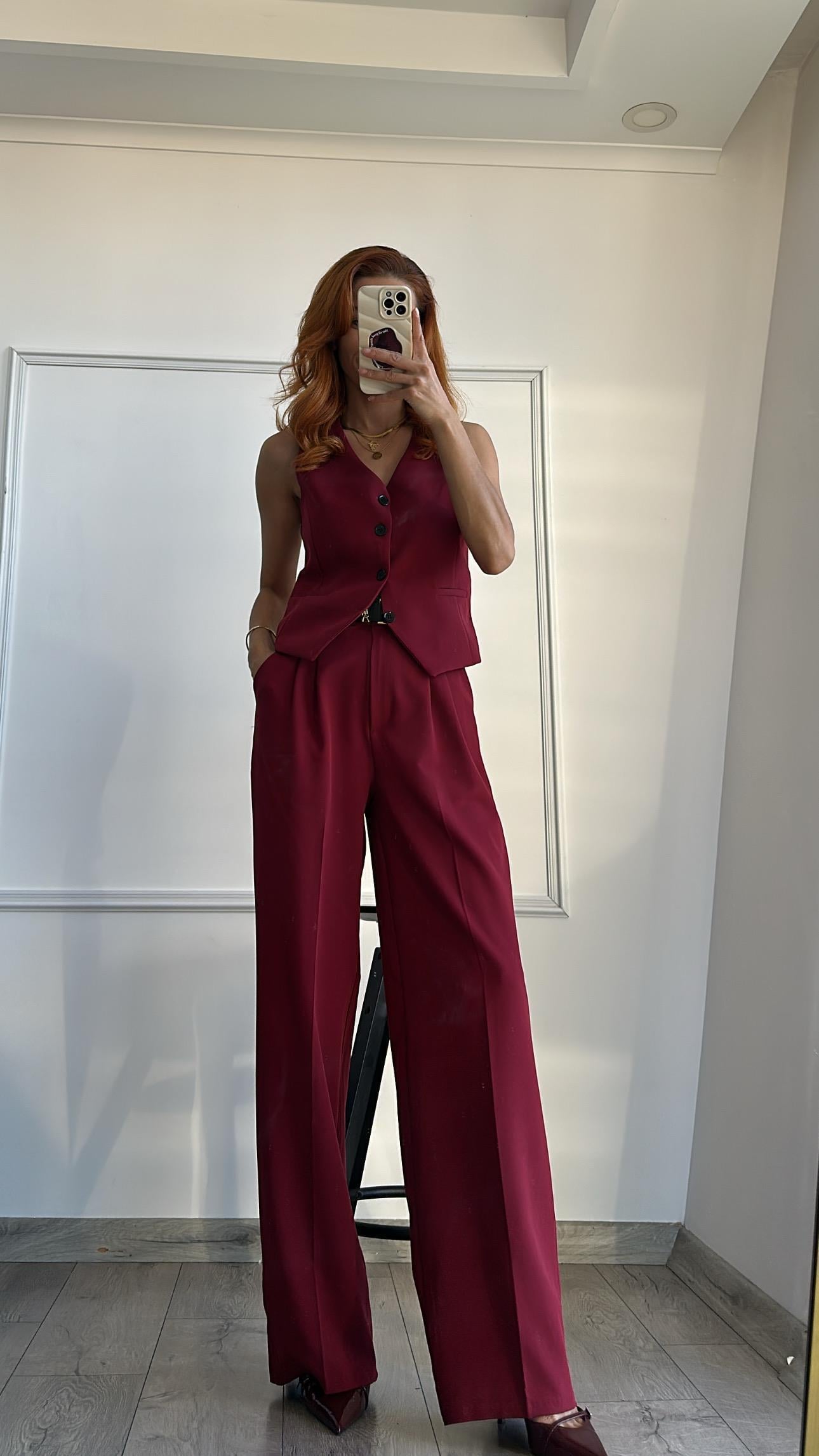 BORDO YELEKLİ PİLE DETAY PALAZZO OVERSİZE CEKET TAKIM ELBİSE 