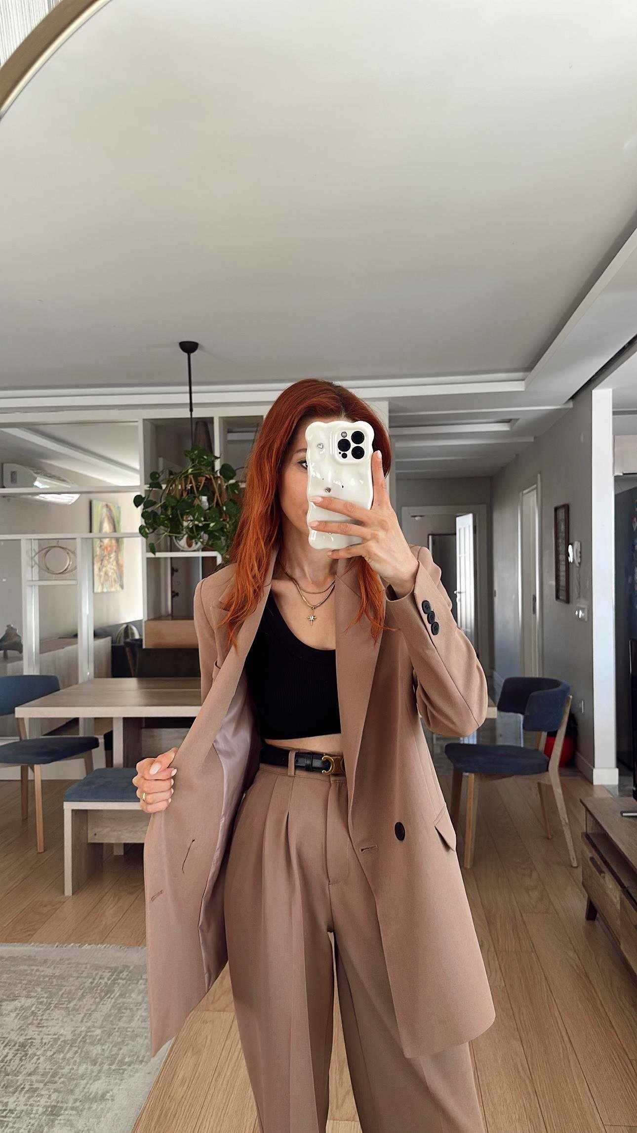 BOZ KAHVE PİLE  DETAY PALAZZO PANTOLON OVERSİZE CEKET  TAKIM ELBİSE 
