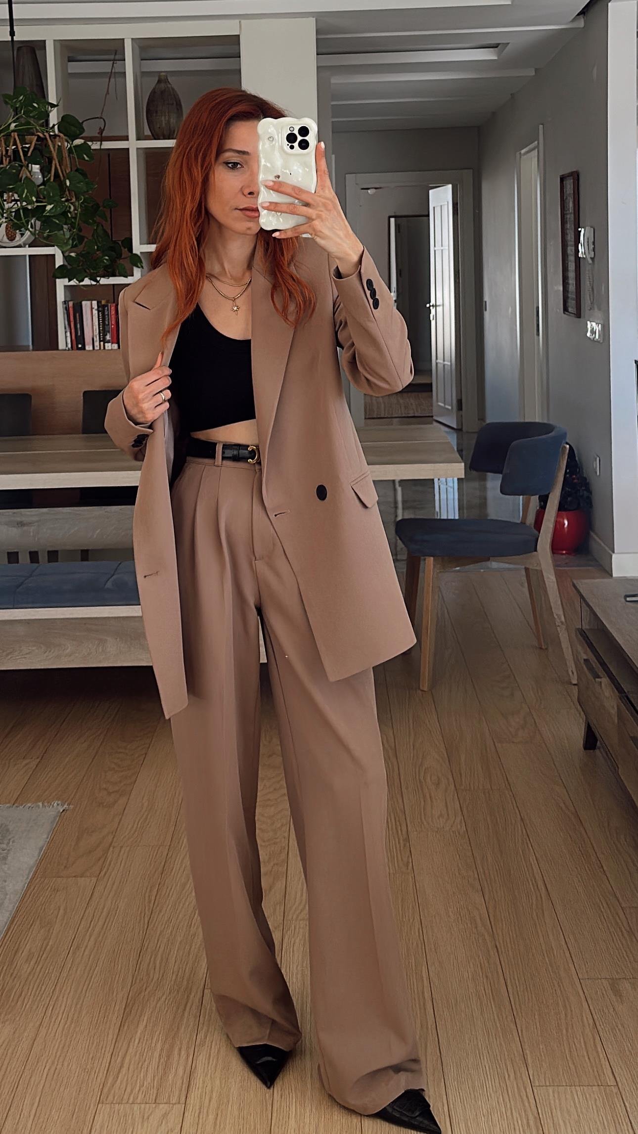 BOZ KAHVE PİLE  DETAY PALAZZO PANTOLON OVERSİZE CEKET  TAKIM ELBİSE 