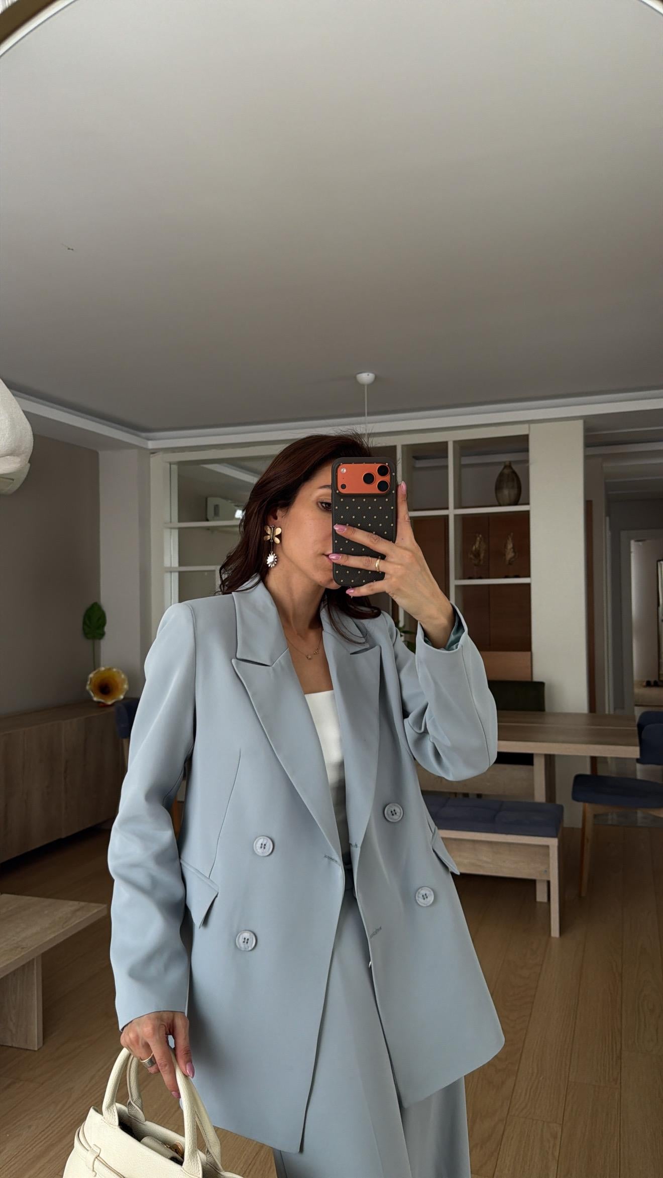 Buz Mavisi   Bel Lastikli Pantolon Blazer Ceket Takım Elbise 