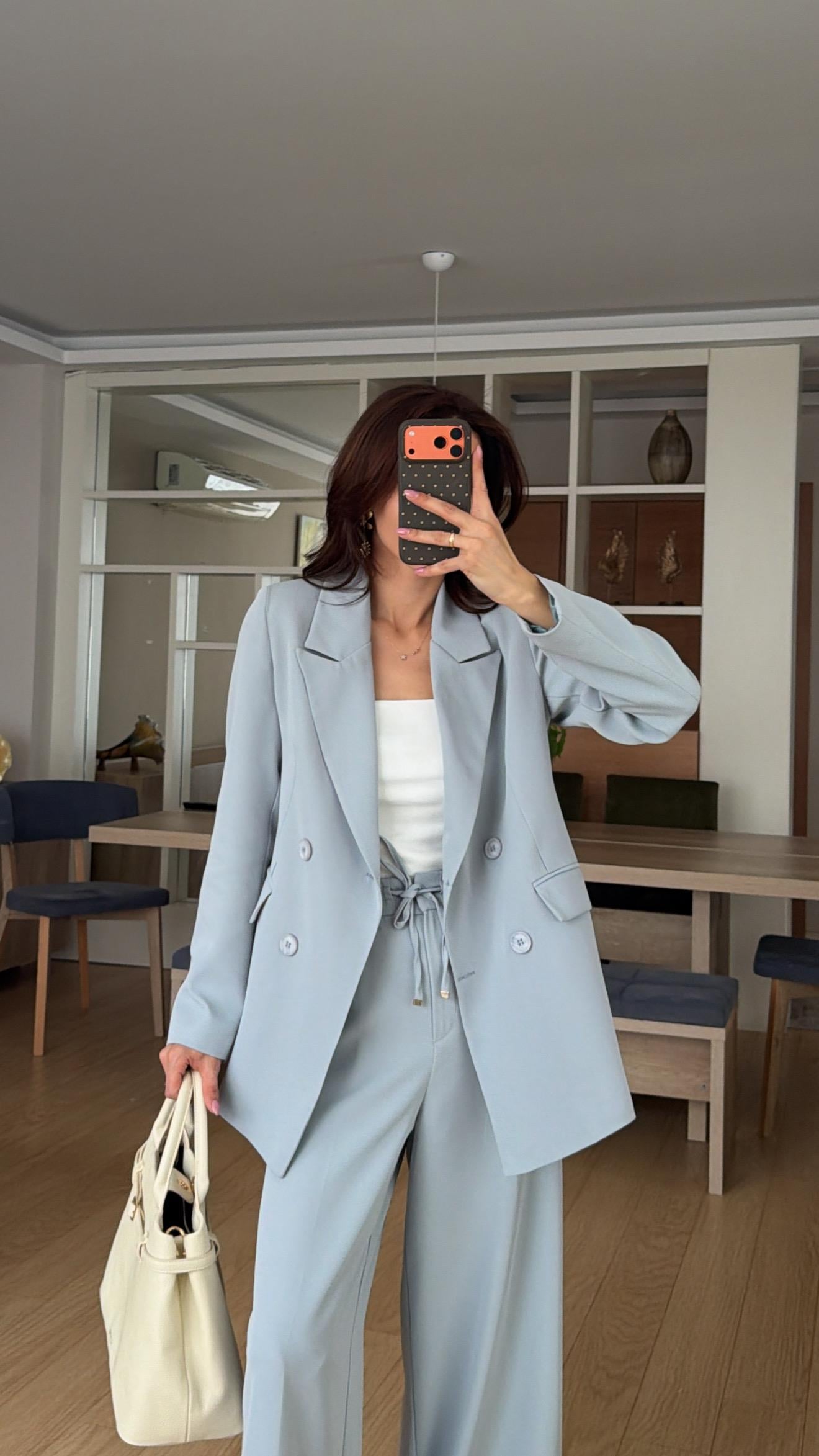 Buz Mavisi   Bel Lastikli Pantolon Blazer Ceket Takım Elbise 