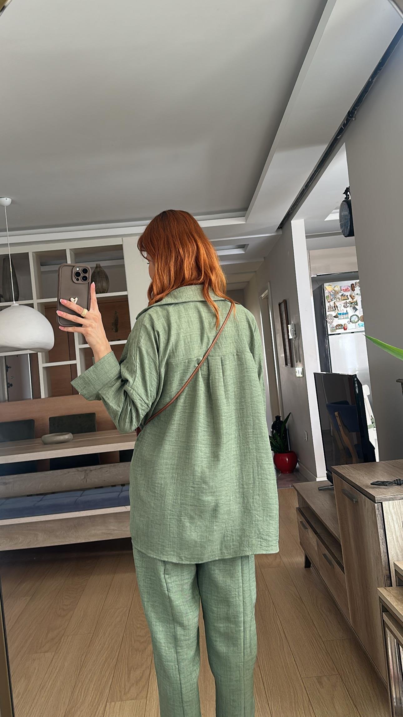Çam Yeşili  Bel Lastik Pantolon Gömlek Takım 