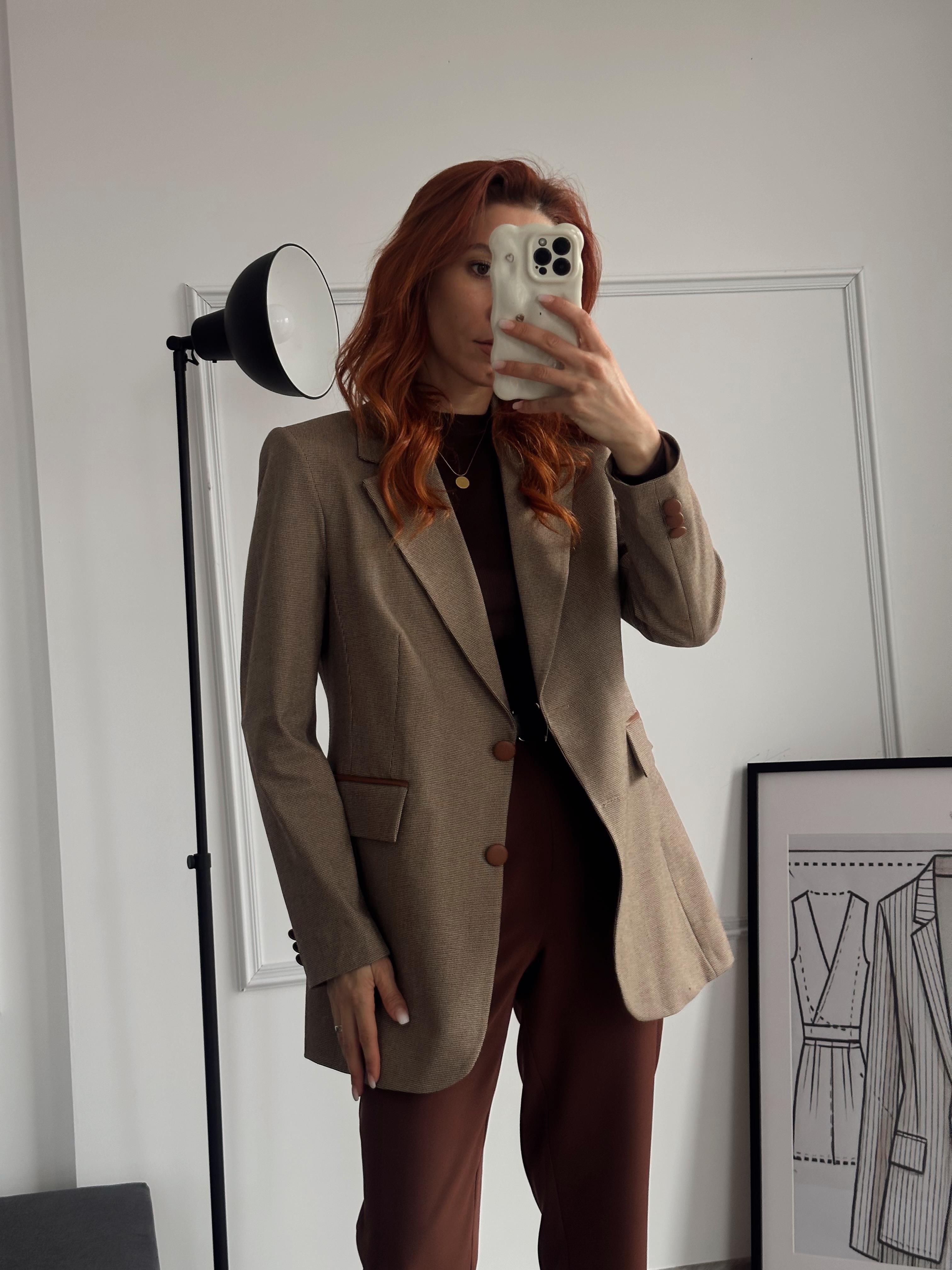 Deri Garnili Kalın Kumaş Astarlı Blazer Ceket