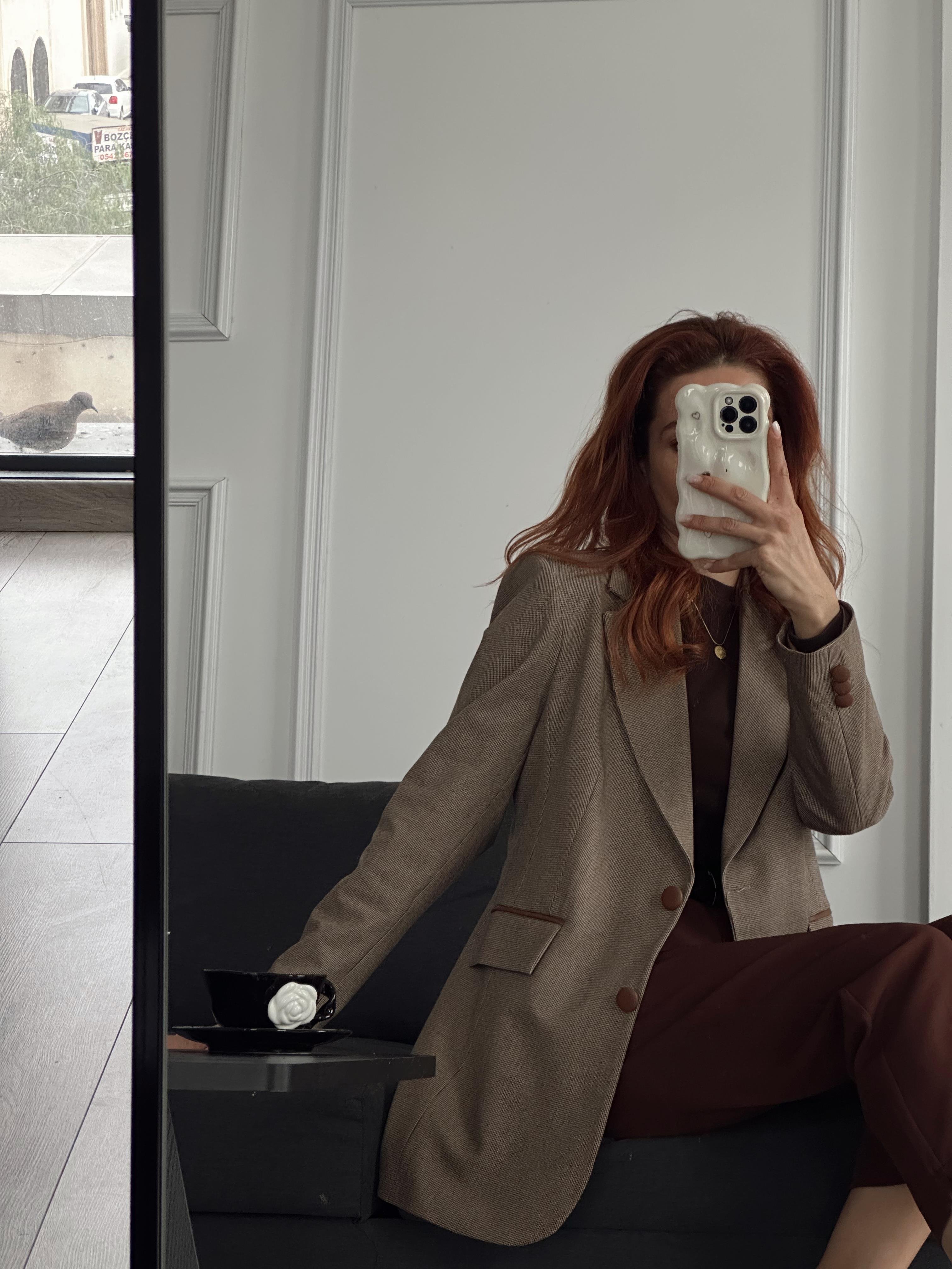 Deri Garnili Kalın Kumaş Astarlı Blazer Ceket