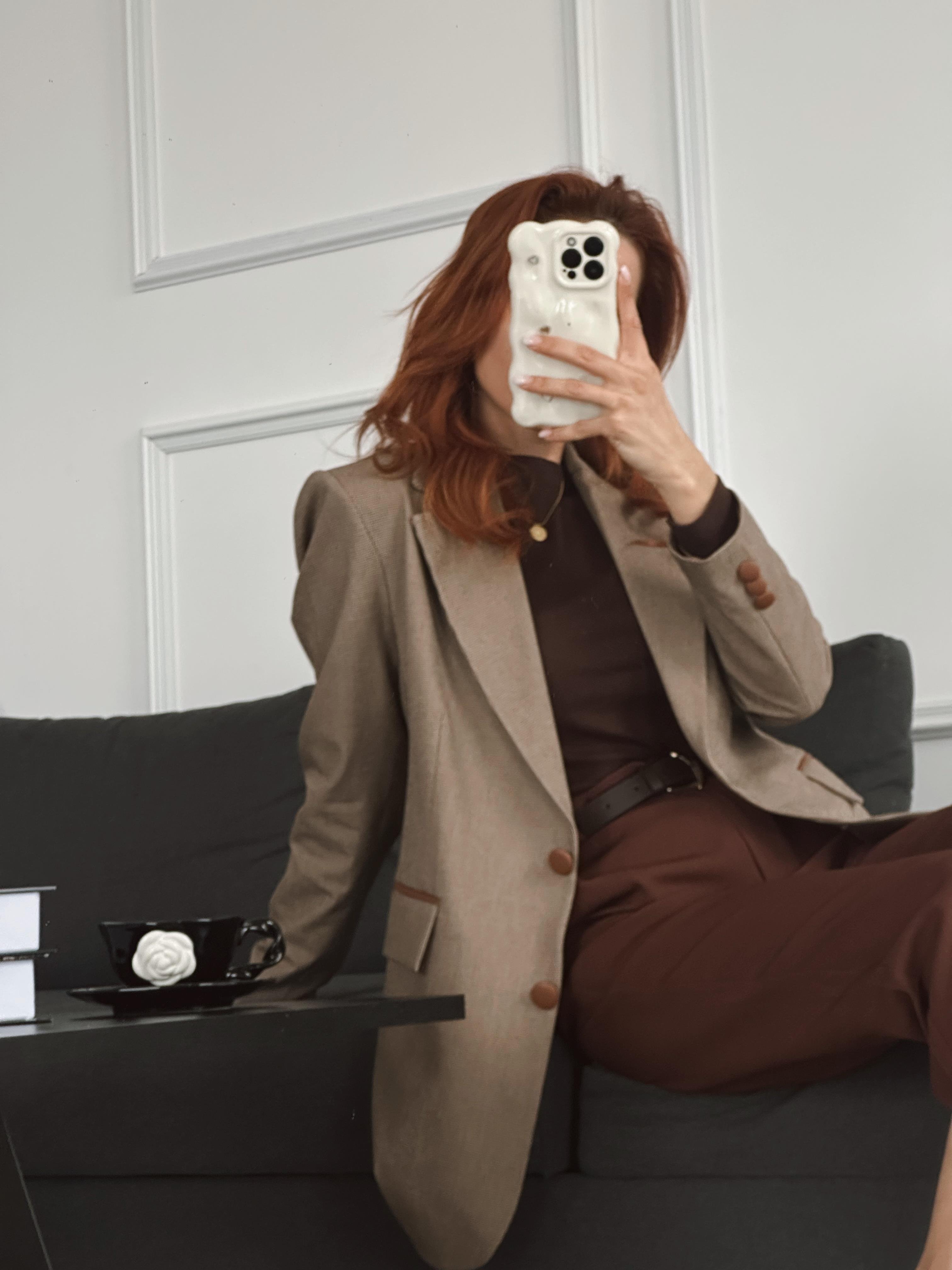Deri Garnili Kalın Kumaş Astarlı Blazer Ceket
