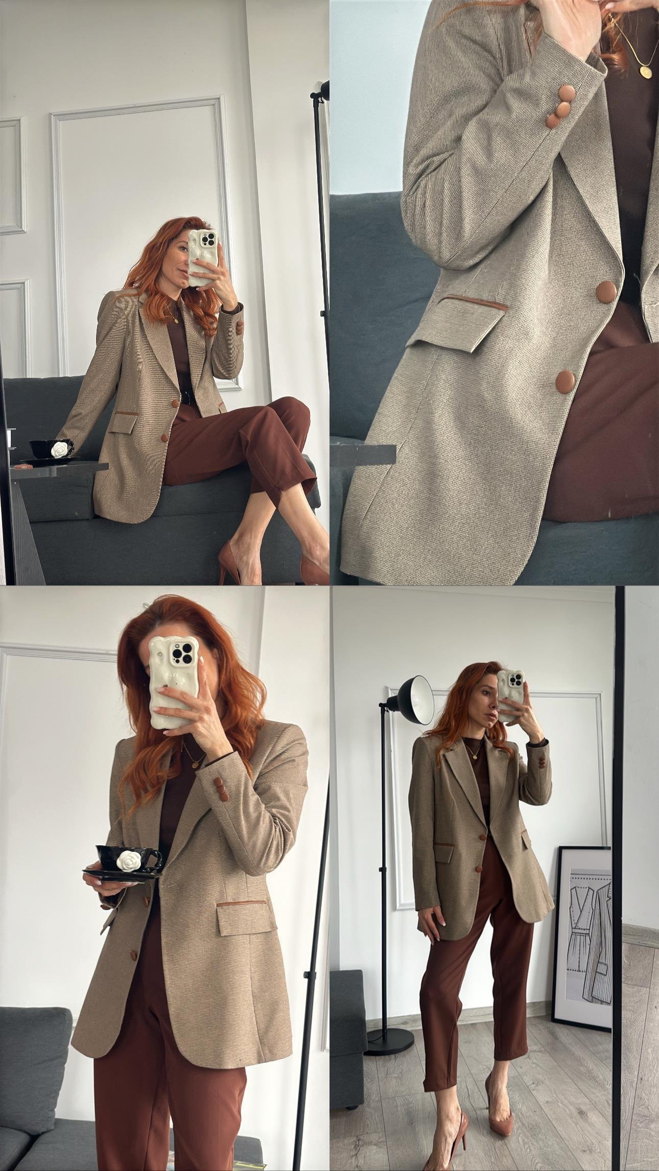 Deri Garnili Kalın Kumaş Astarlı Blazer Ceket