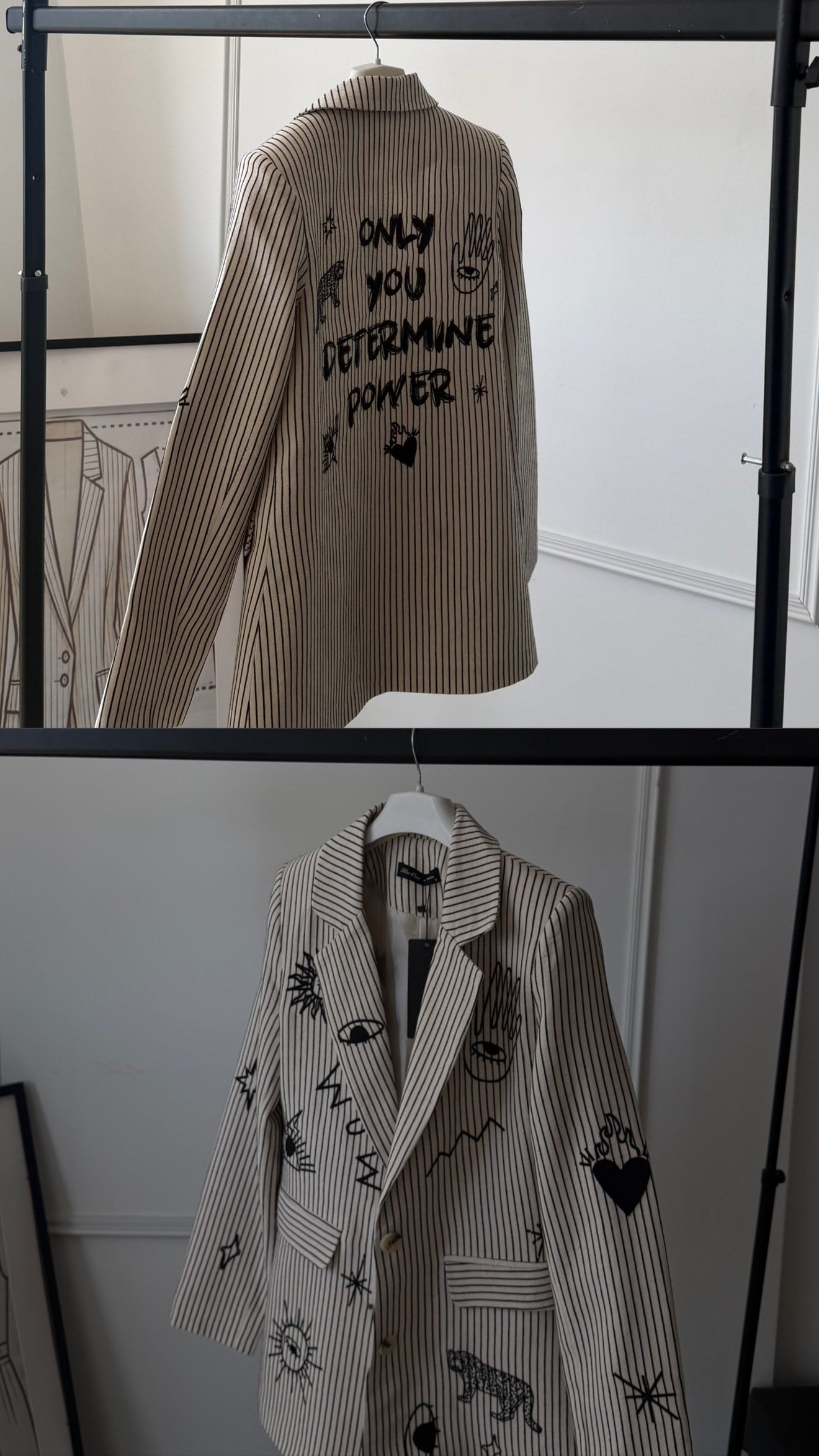Ekru Çizgili Desenli Blazer Ceket