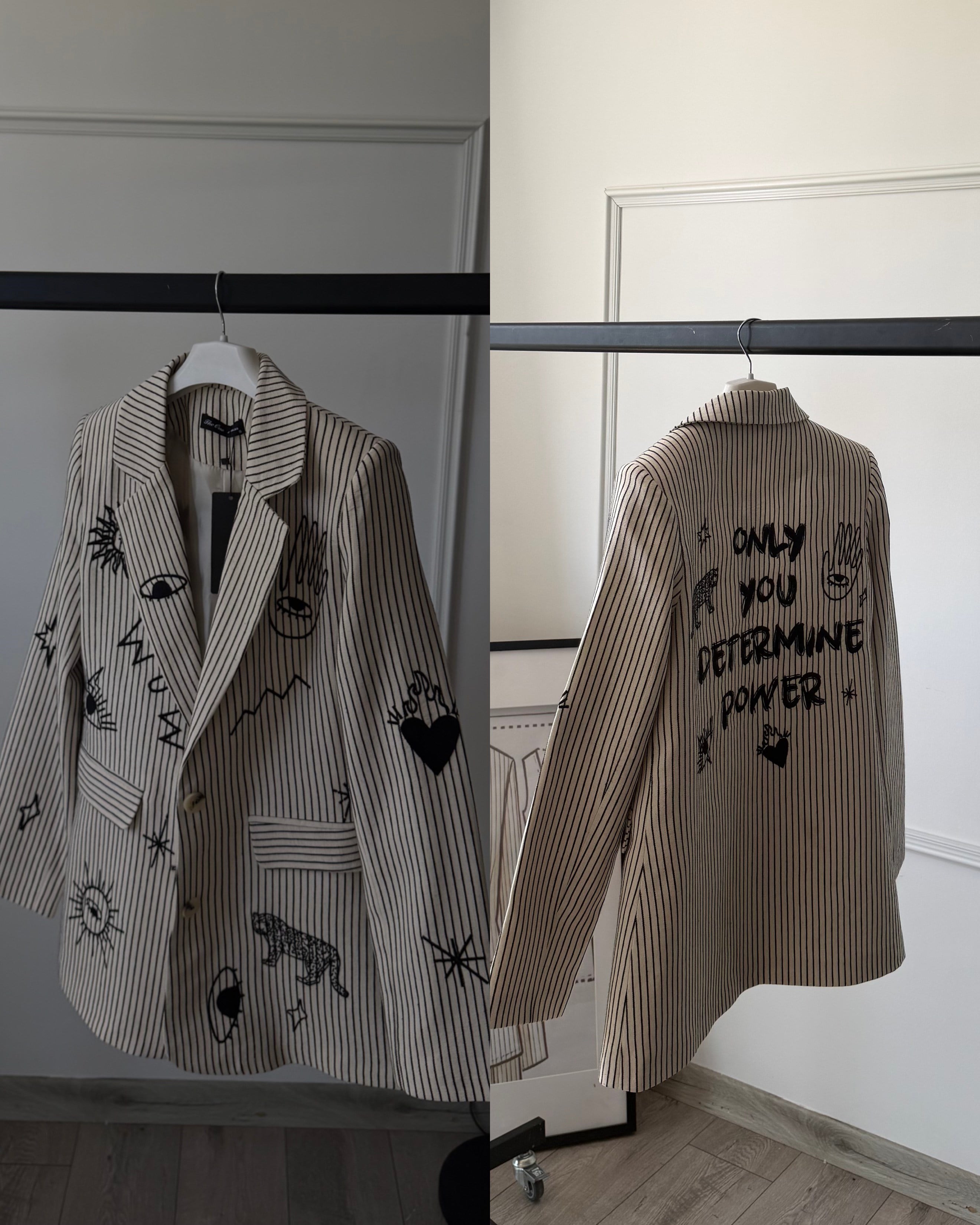 Ekru Çizgili Desenli Blazer Ceket