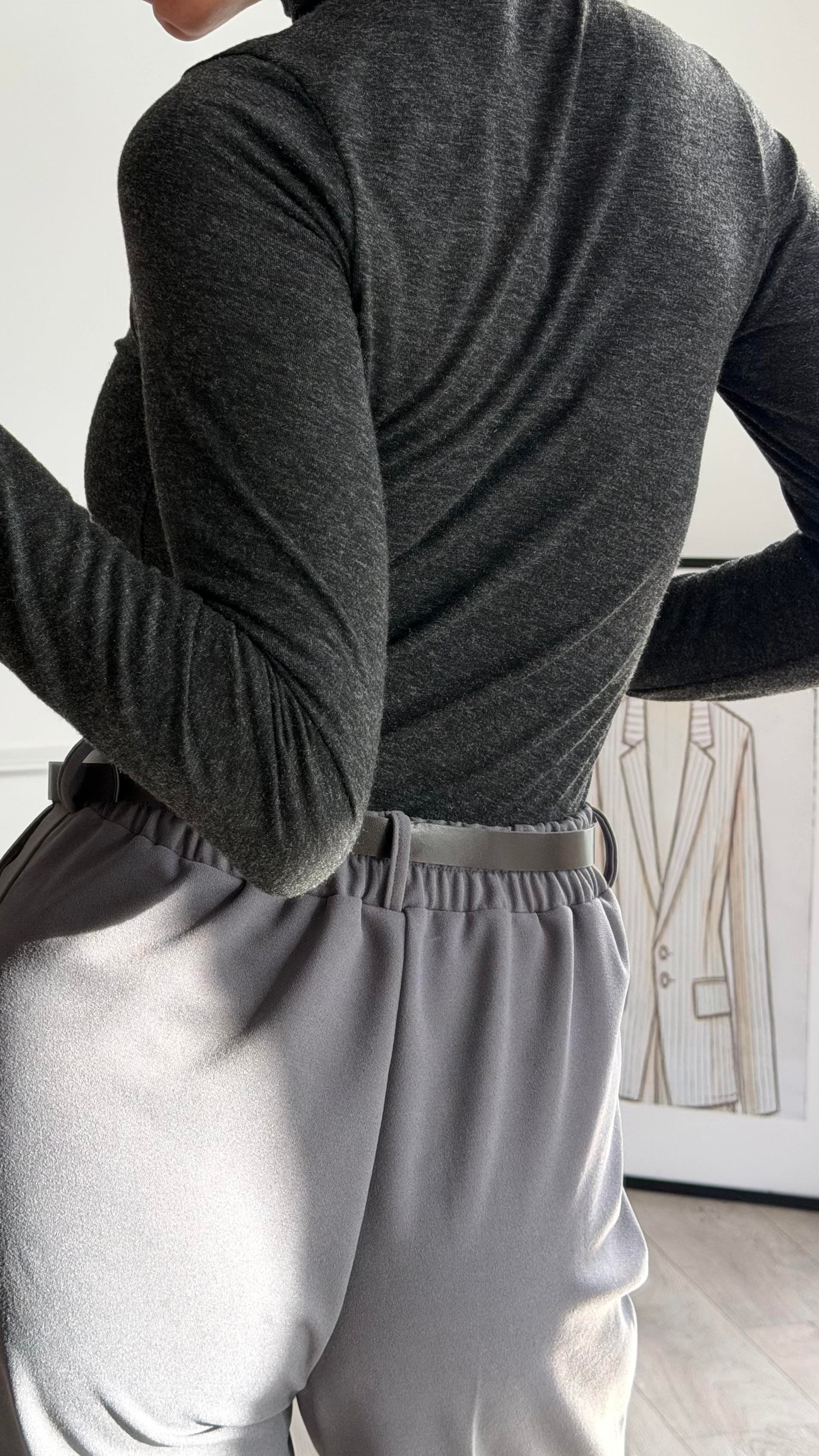 Füme Beli Lastikli Kemerli Bol Pantolon