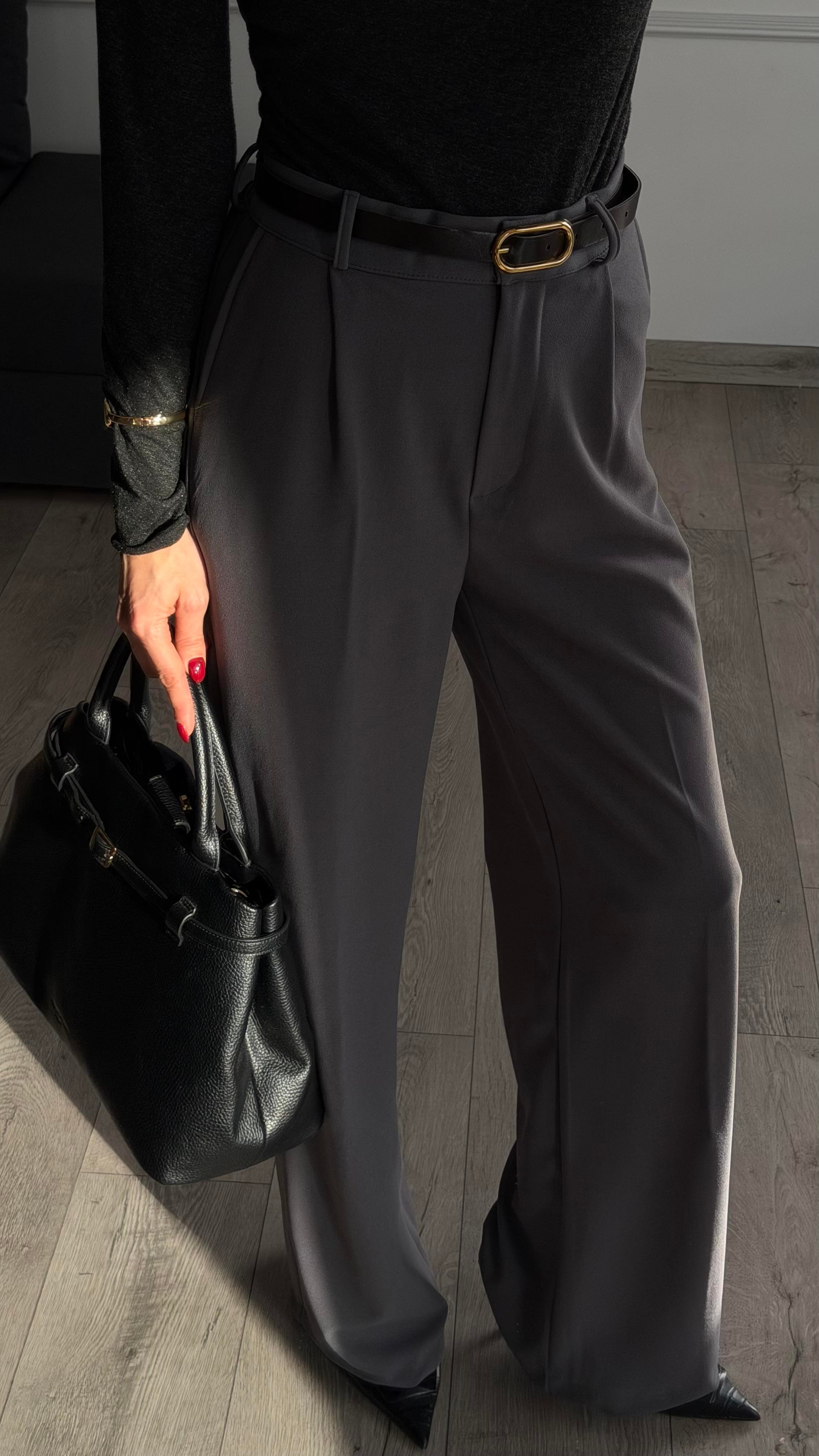 Füme Beli Lastikli Kemerli Bol Pantolon