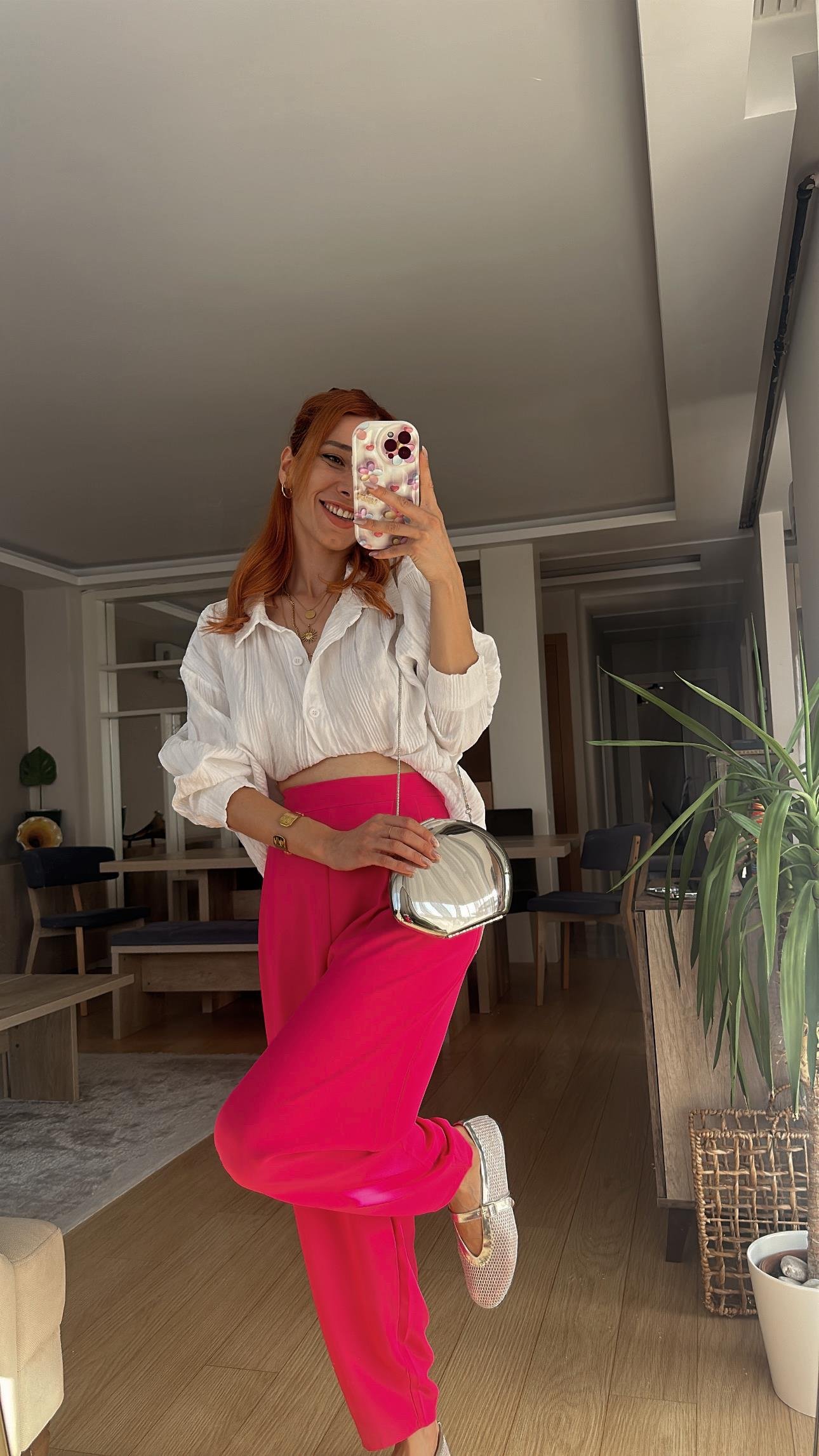 Fuşya Bel Lastikli Şalvar Pantolon